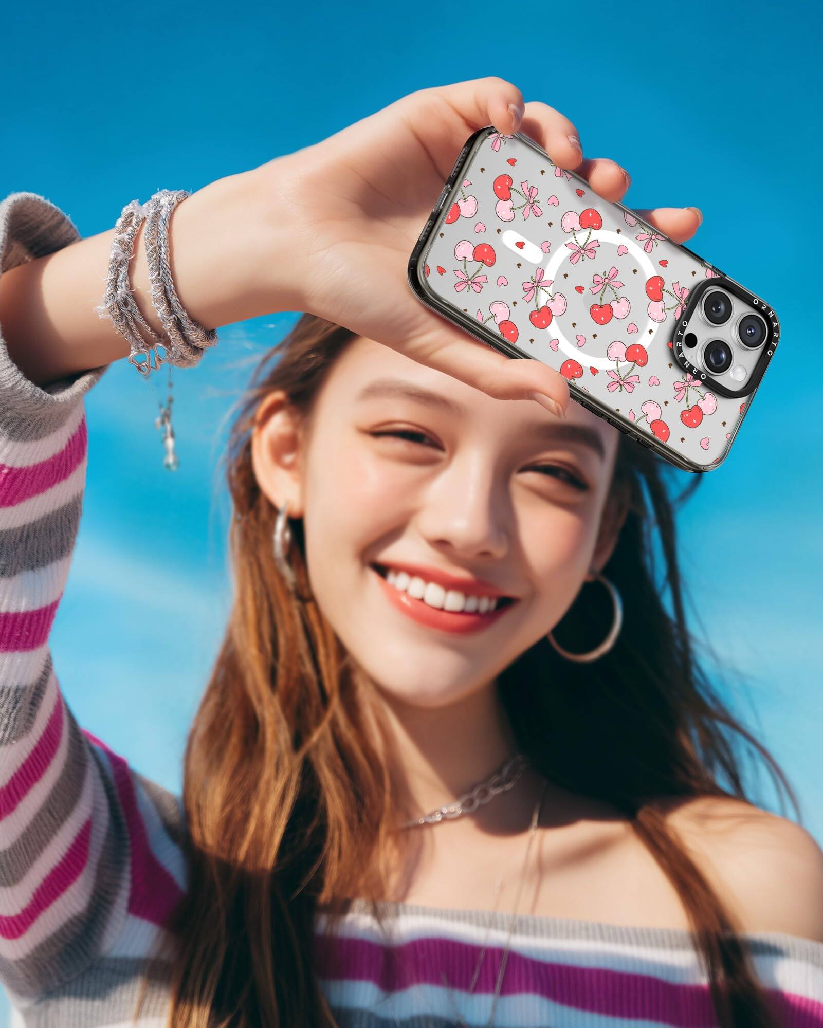 Alt View 5. Ornarto - ORNARTO Vistique for iPhone 16 Pro Max Case 6.9",Compatible with MagSafe,Clear Glossy Pattern Phone Case-Cherry Fizz - Cherry Fizz.