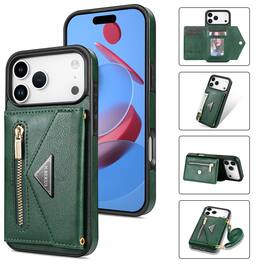 Dteck - Crossbody Zipper Wallet Case with Adjustable Lanyard for Apple iPhone 17 Pro Kickstand Cover - Green