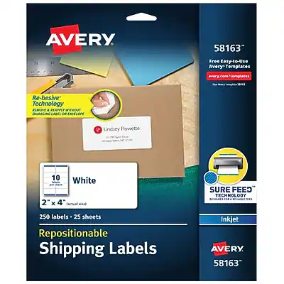 AVERY 58163
Free Easy-to-Use Avery Templates
avery.com/templates
Re-hesive Technology
REMOVE & REAPPLY WITHOUT DAMAGING LABEL OR ENVELOPE
Lindsey Flowette
10 White Labels
2" x 4" (cal wizel)
SURE FEED TECHNOLOGY
DESIGNED FOR 250 labels - 25 sheets
Repositionable Shipping Labels
Inkjet
AVERY 58163