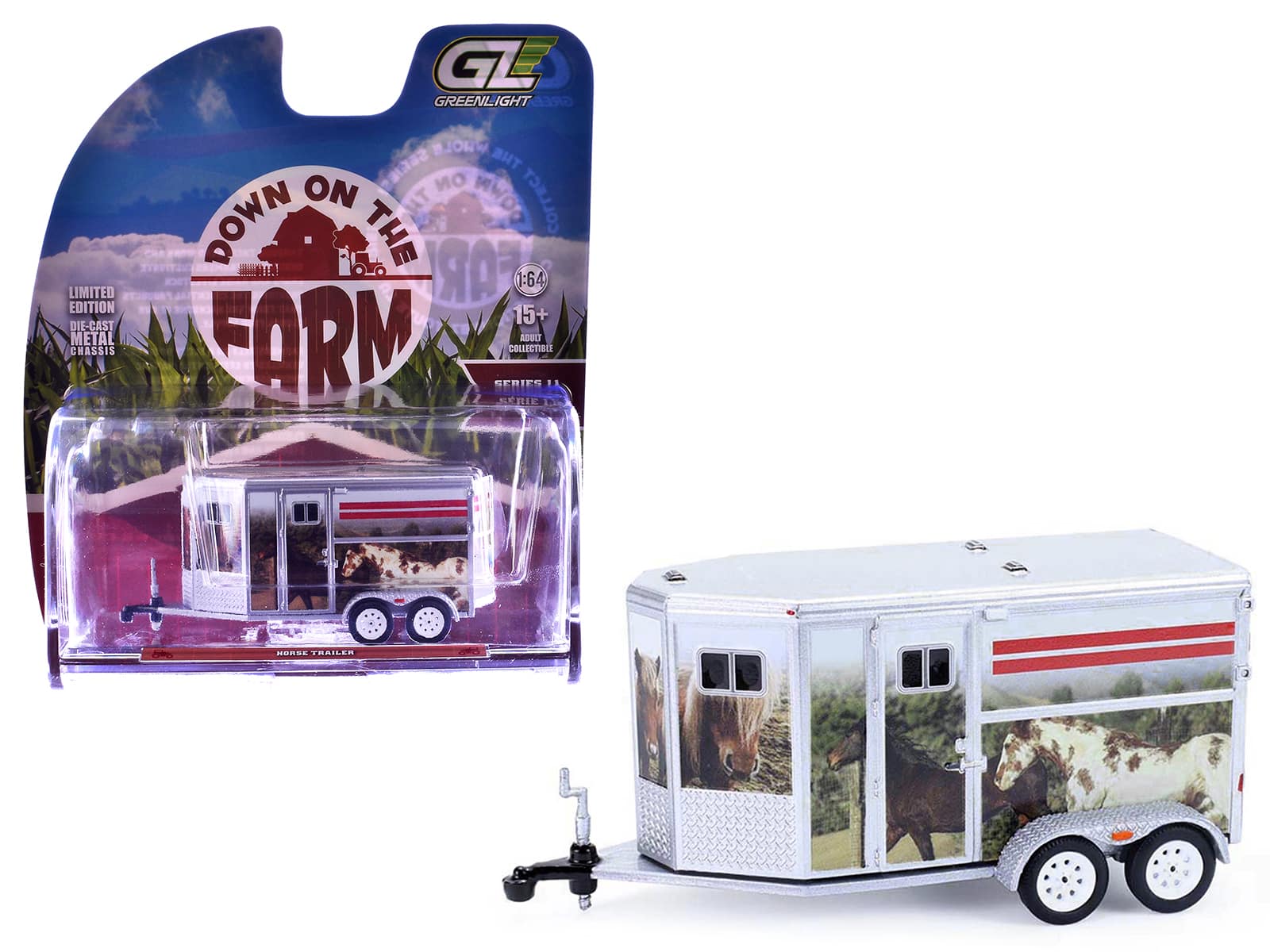 "Horse Trailer Silver with Custom Horse Wrap ""Down on the Farm"" Series 11 1/64 Diecast Model by Greenlight" price history on PriceWatchPro