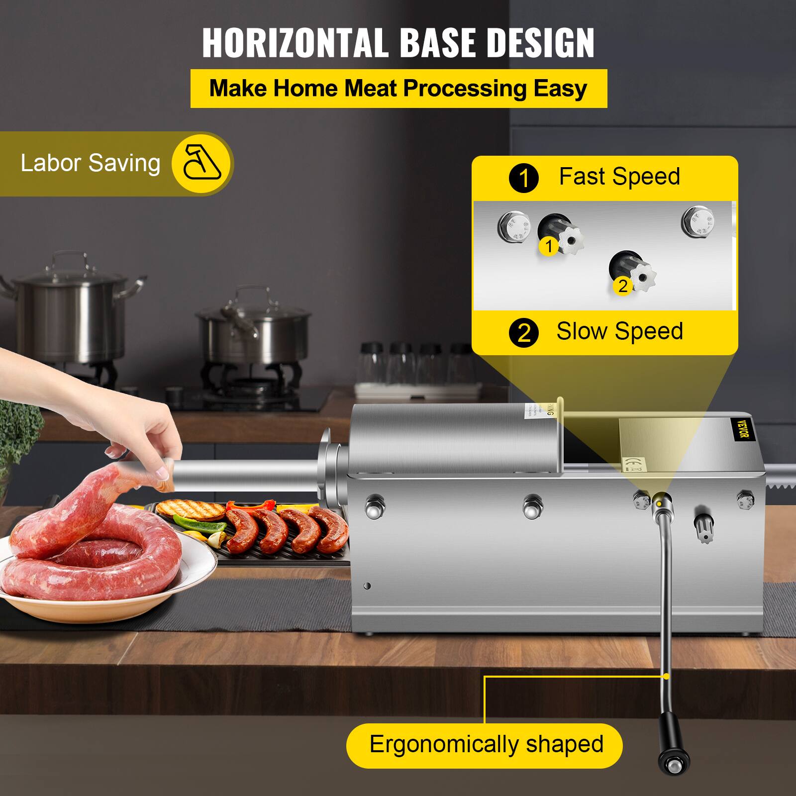 HORIZONTAL BASE DESIGN  
Make Home Meat Processing Easy

Labor Saving

1. Fast Speed
2. Slow Speed

Ergonomically shaped