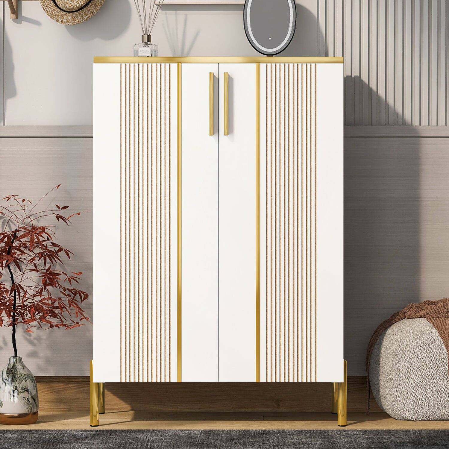 Alt View 5. Kadyn - Kadyn 6-Tier Wooden Shoe Cabinet, Space-Saving Organizer with Sliding Doors, Perfect for Home & Office, Gold & White - White.