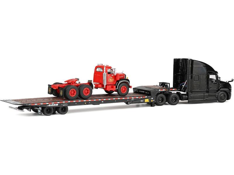 Alt View 3. First Gear - Mack Anthem Sleeper and Landoll 440B-50CA Traveling Trailer Black w/B-61 Day Cab Load Red 1/64 Model by DCP/First Gear.