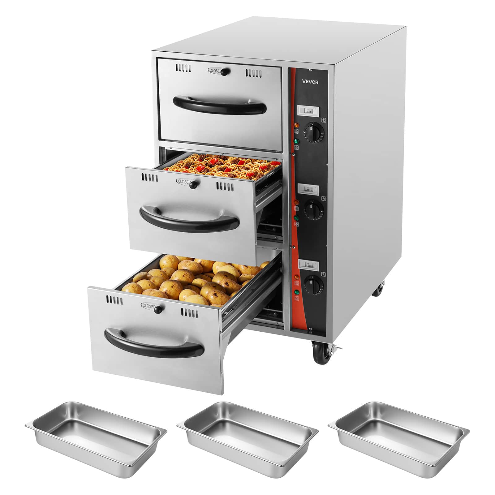VEVOR - Commercial Electric Drawer Warmer, Three-Drawer Stainless Steel Food Warmer, Freestanding Compact Warming Drawer Cabinet - Silver