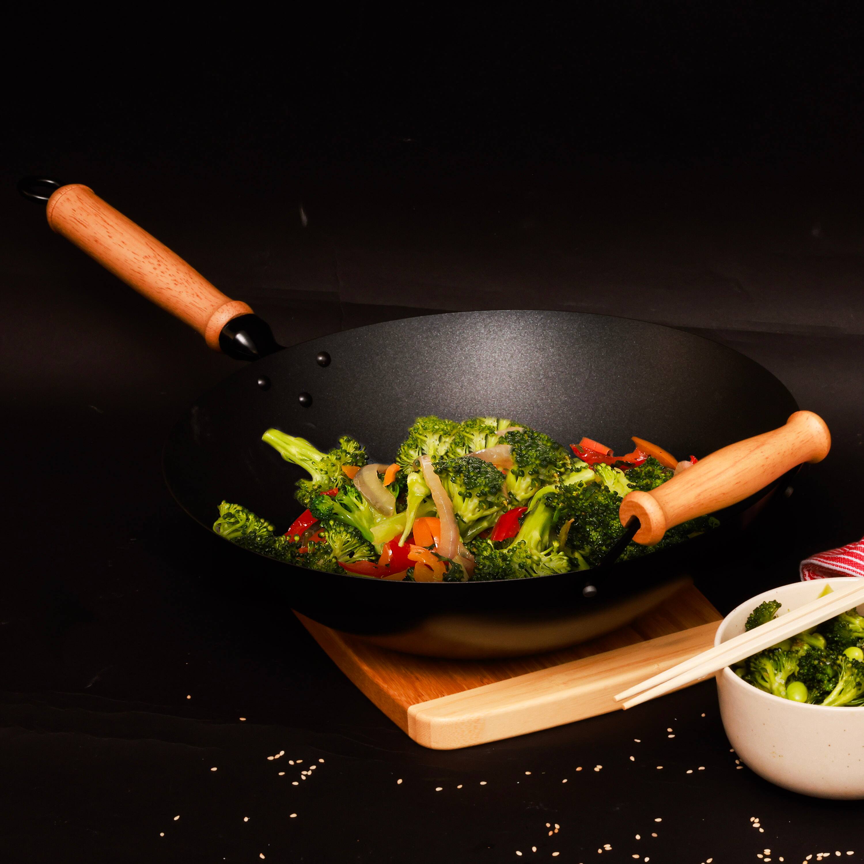 Angle. Joyce Chen - Professional Series 14-Inch Carbon Steel Ceramic Nonstick Flat Bottom Wok Set with Lid and Maple Handles, 10 Pieces - Black.