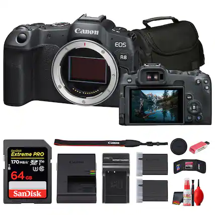Canon EOS R8
AI
11 NFO
uT
Canon - SanDisk Extreme PRO 170 MB/s V30 I
64 GB
anon
BATTERY CHARGER
Canon ULTIMA
SanDisk SAVE
TLRAN KAVE TEA