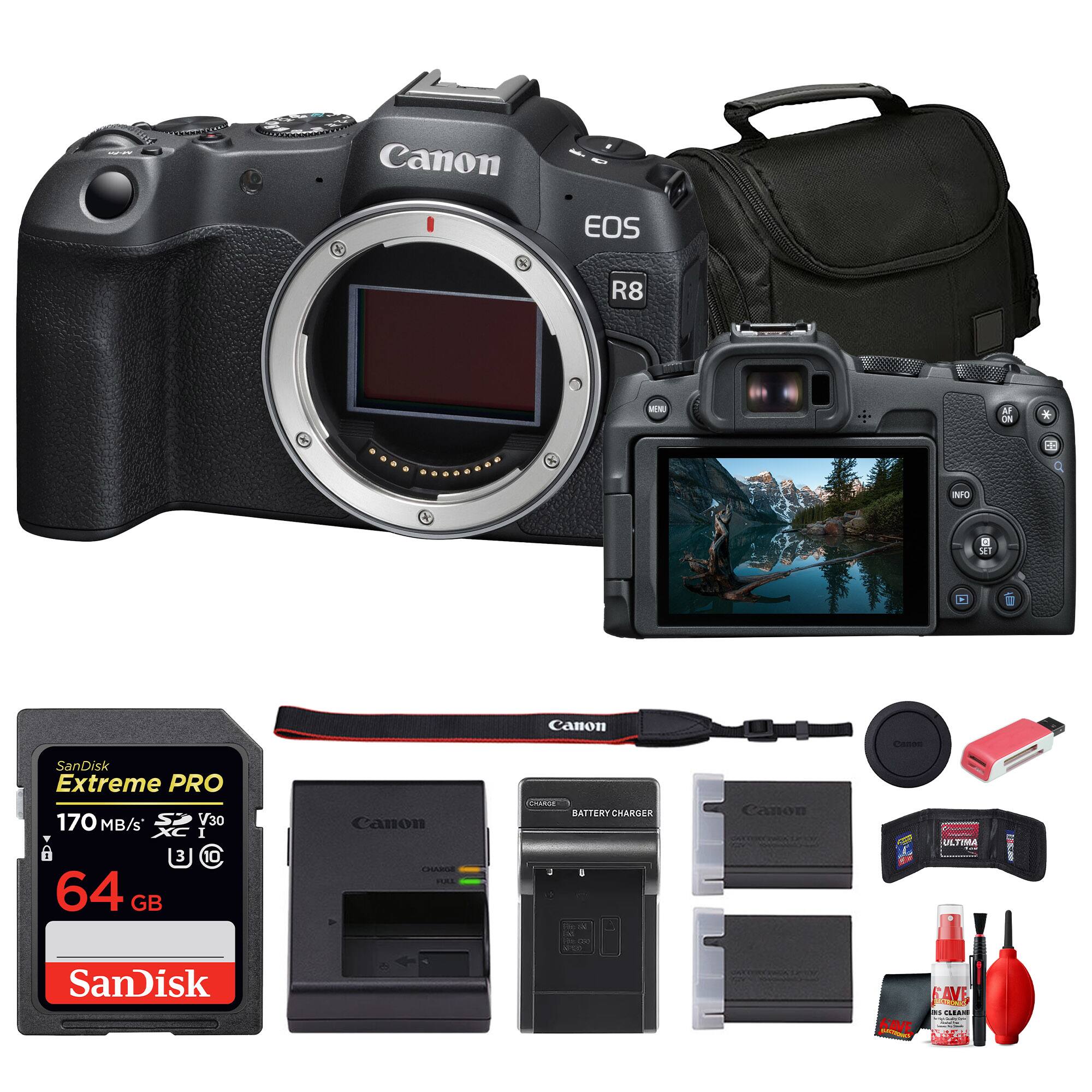 Canon EOS R8  
AI  
11 NFO  
uT  
Canon - SanDisk Extreme PRO 170 MB/s V30 I  
64 GB  
anon  
BATTERY CHARGER  
Canon ULTIMA  
SanDisk SAVE  
TLRAN KAVE TEA