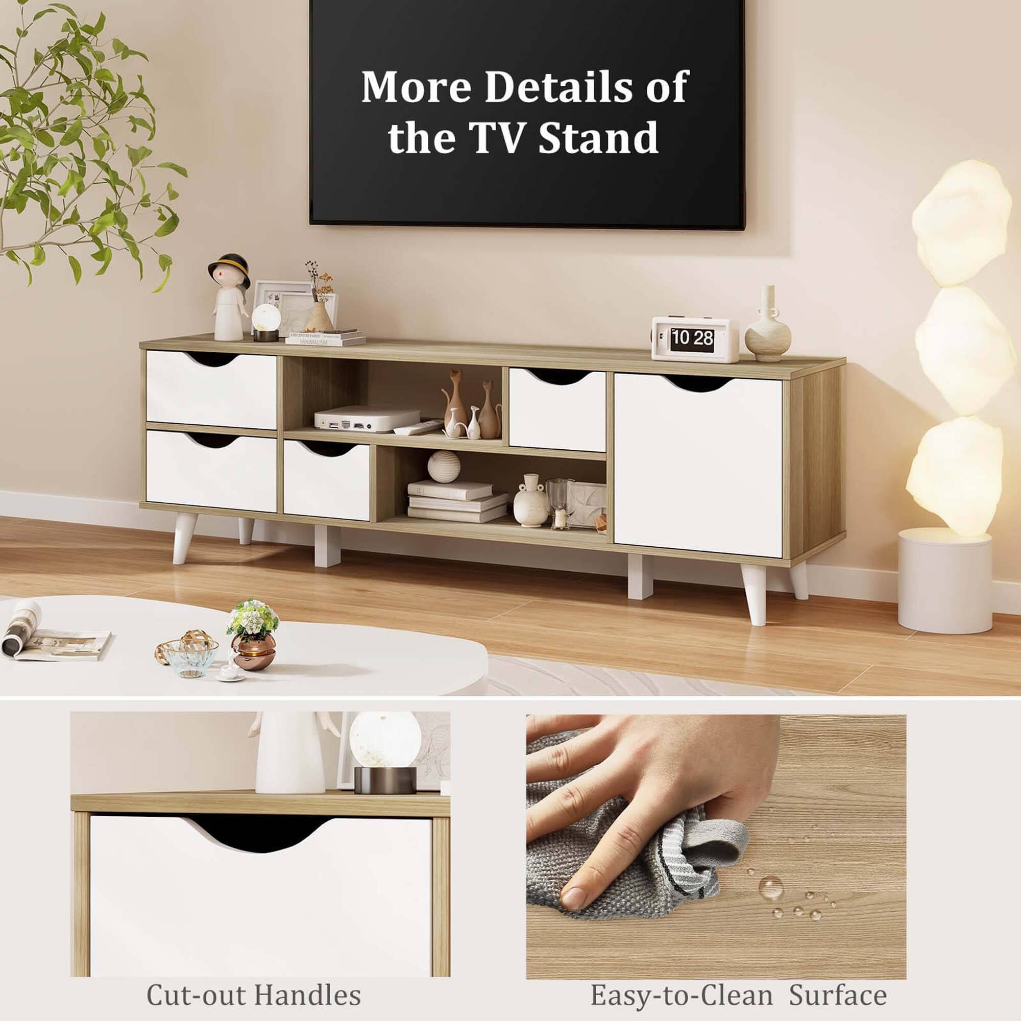 More Details of the TV Stand: Cut-out Handles, Easy-to-Clean Surface.