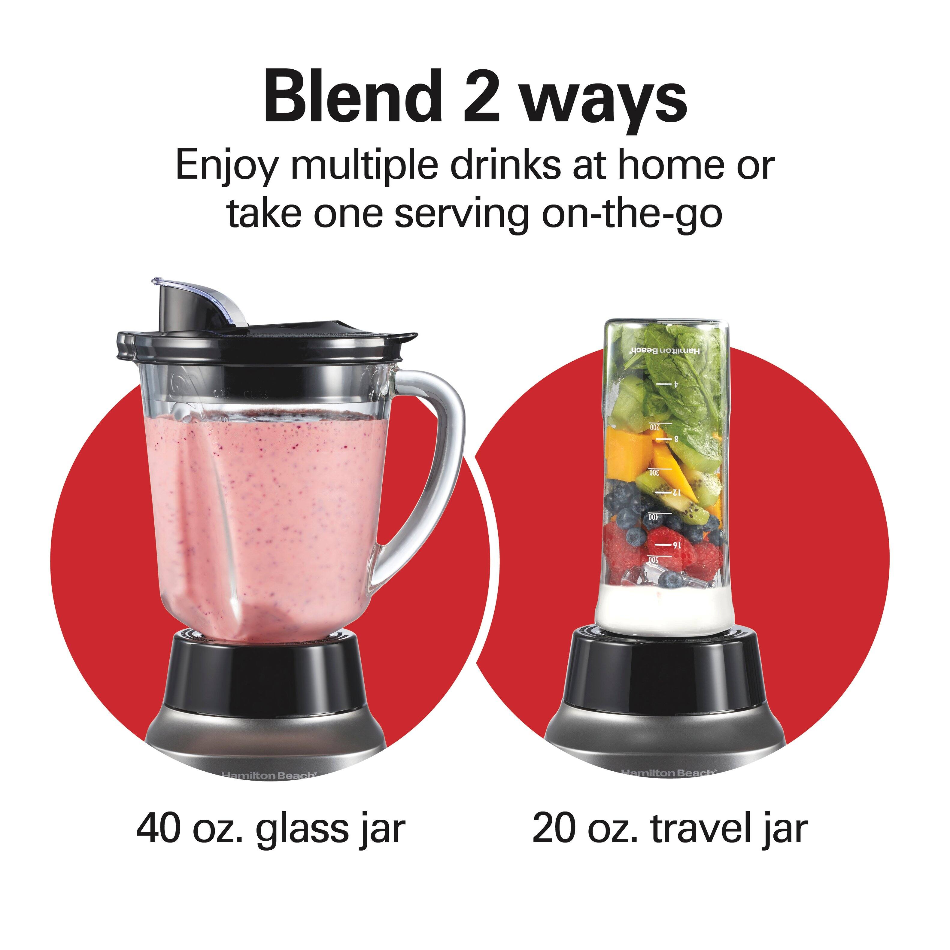 Blend 2 ways  
Enjoy multiple drinks at home or take one serving on-the-go  

40 oz. glass jar  
20 oz. travel jar