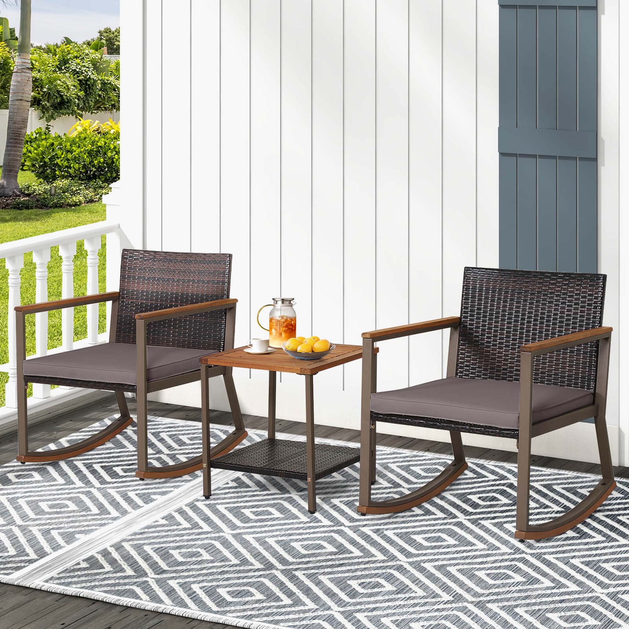 Alt View 3. Costway - 3 PCS Patio Rattan Rocking Chair Bistro Set Armrest Cushion Table with Storage Shelf - Gray.