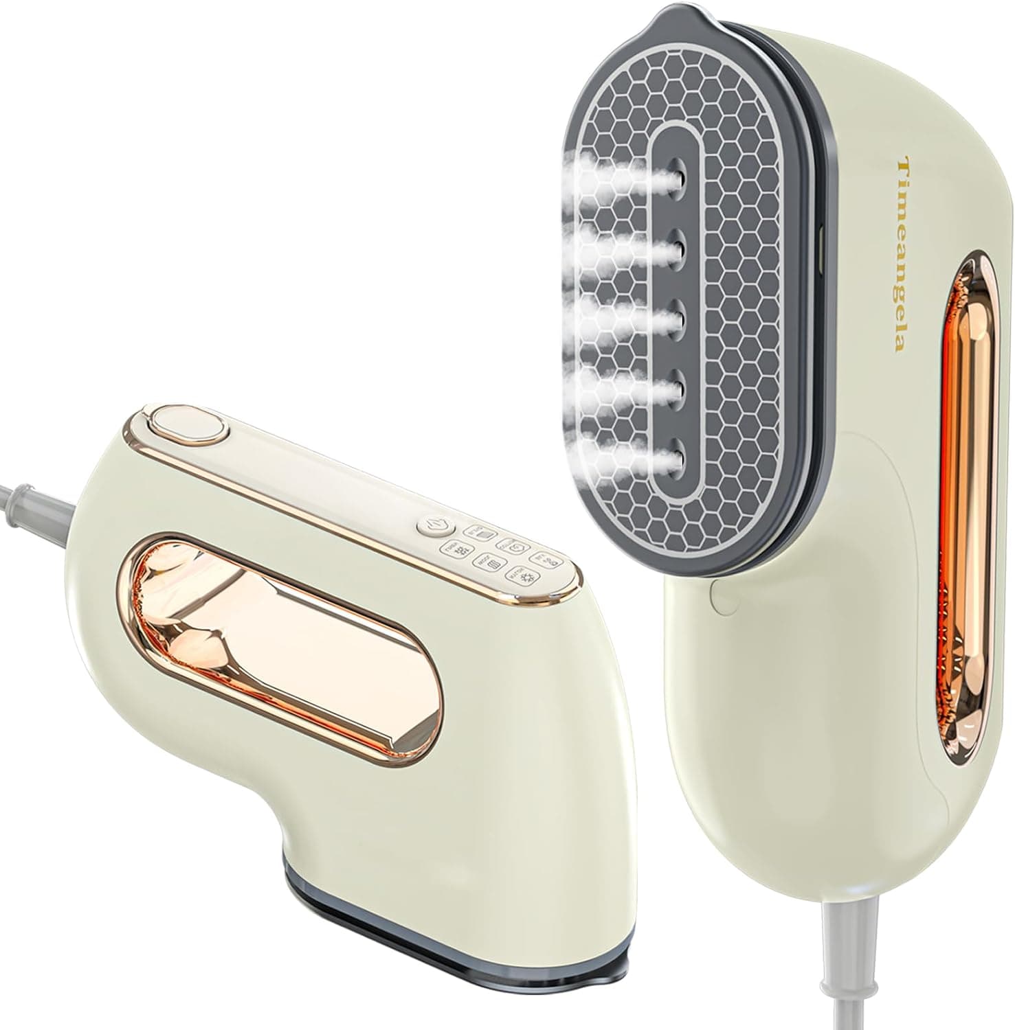 Front. FINEAK - Portable Travel Steamer Iron Beige Mini Handheld Garment Wrinkle Remover - Beige.