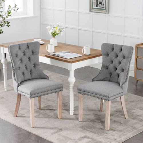 Alt View 5. LUCKY ONE - Assembled Tufted Linen Dining Chair Set of 2 with Wood Legs Nailhead Trim High Back Side Chair - Gray.