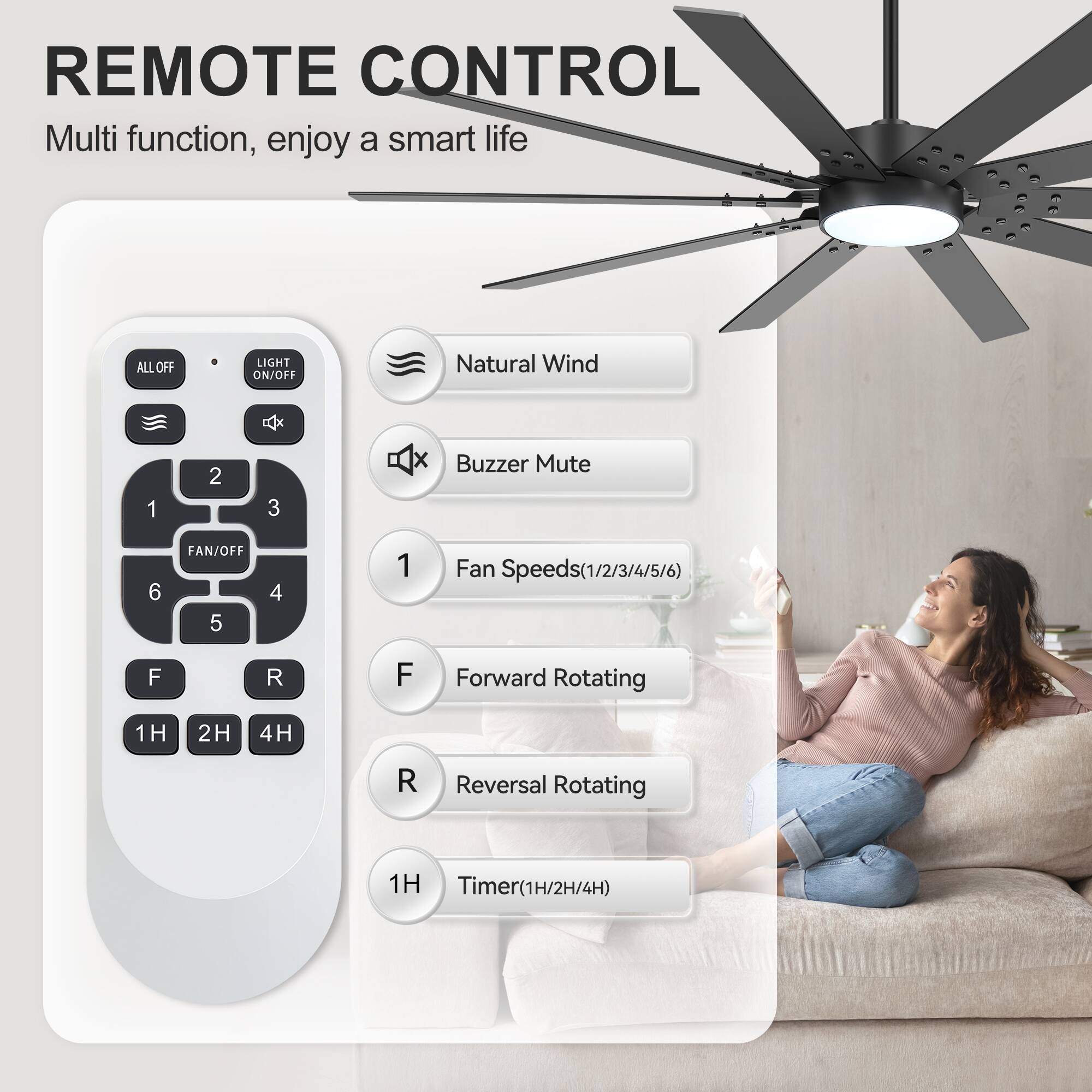REMOTE CONTROL  
Multi function, enjoy a smart life  

- ALL OFF  
- LIGHT ON/OFF  
- Natural Wind  
- Buzzer Mute  
- FAN/OFF  
- Fan Speeds (1/2/3/4/5/6)  
- Forward Rotating  
- Reversal Rotating  
- Timer (1H/2H/4H)