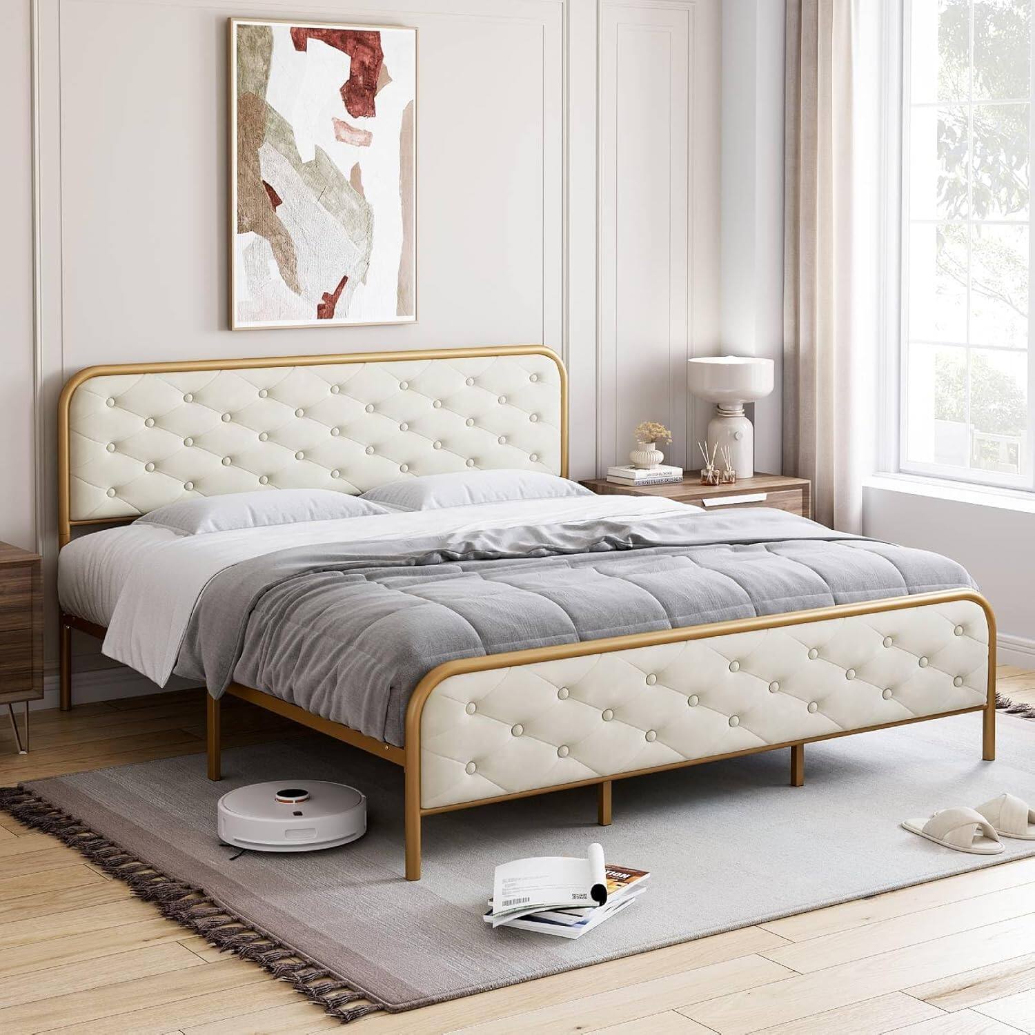 Left. GARVEE - Velvet King Bed Frame with Golden Base and Tufted Headboard, Sturdy Wood Slats, Noise-Free Platform Design - Beige.