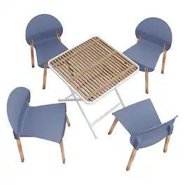 Mondawe - 5-Piece Outdoor Dining Set – Square Folding Table with 4 Wood Legs & PP Chairs - Blue+White
