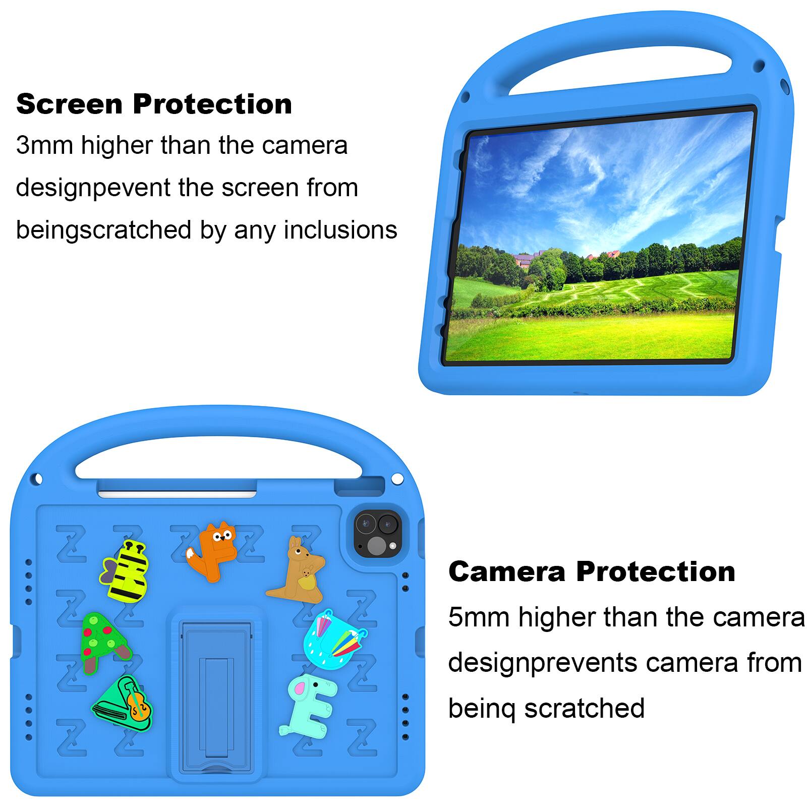 Screen Protection  
3mm higher than the camera design prevents the screen from being scratched by any inclusions

Camera Protection  
5mm higher than the camera design prevents the camera from being scratched