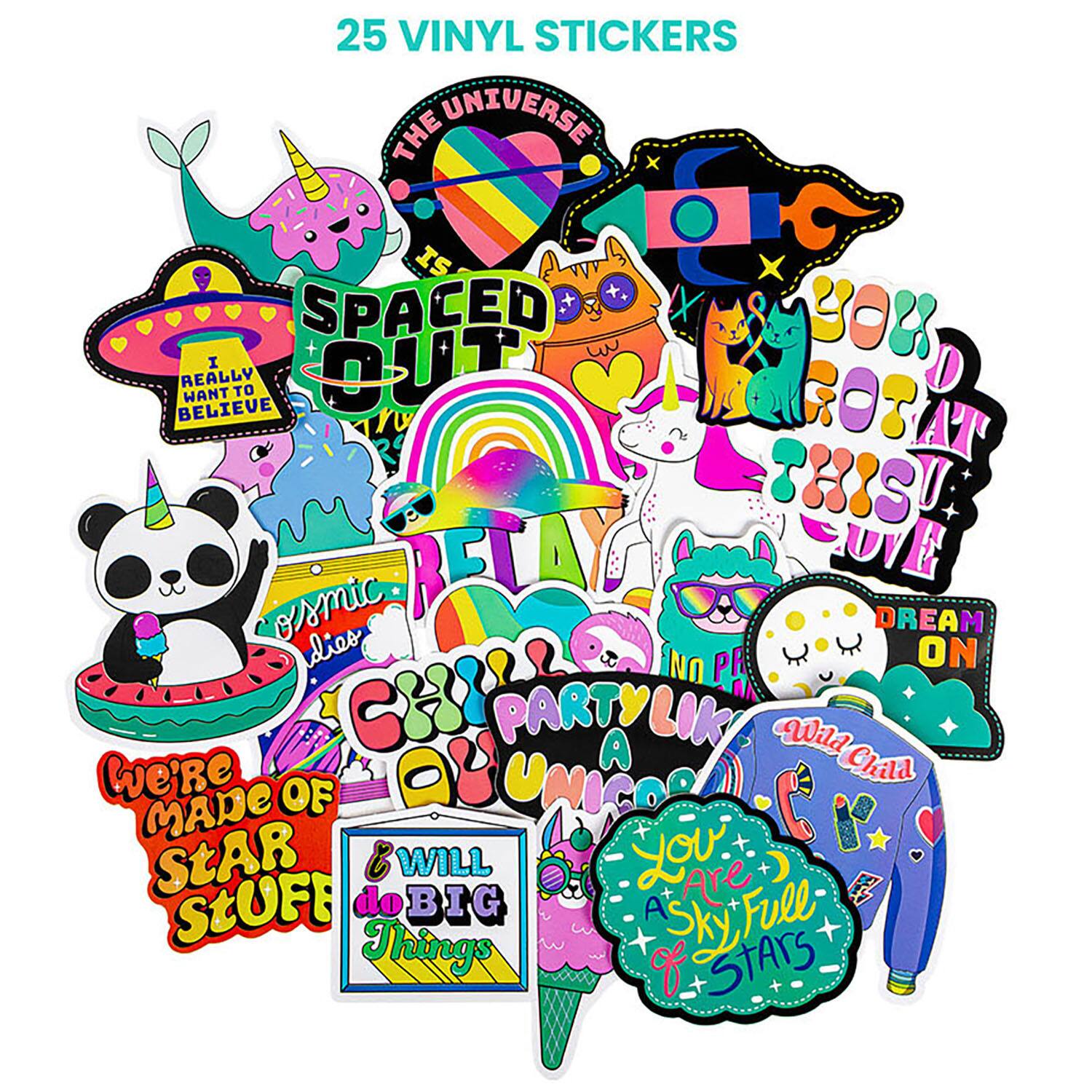 25 VINYL STICKERS:

1. The Universe is Spaced Out
2. I Really Want to Believe
3. Rot at This
4. Ossmic Dreams
5. Party Like a Wild Child
6. We're Made of Star Stuff
7. I Will Do Big Things
8. Full of Qu Stars
9. Here's to the Big Stuff
10. Dream On
11. Chill Out
12. It's All About the Big Stuff
13. The Universe is Spaced Out
14. I Really Want to Believe
15. Rot at This
16. Ossmic Dreams
17. Party Like a Wild Child
18. We're Made of Star Stuff
19. I Will Do Big Things
20. Full of Qu Stars
21. Here's to the Big Stuff
22. Dream On
23. Chill Out
24. It's All About the Big Stuff
25. The Universe is Spaced Out