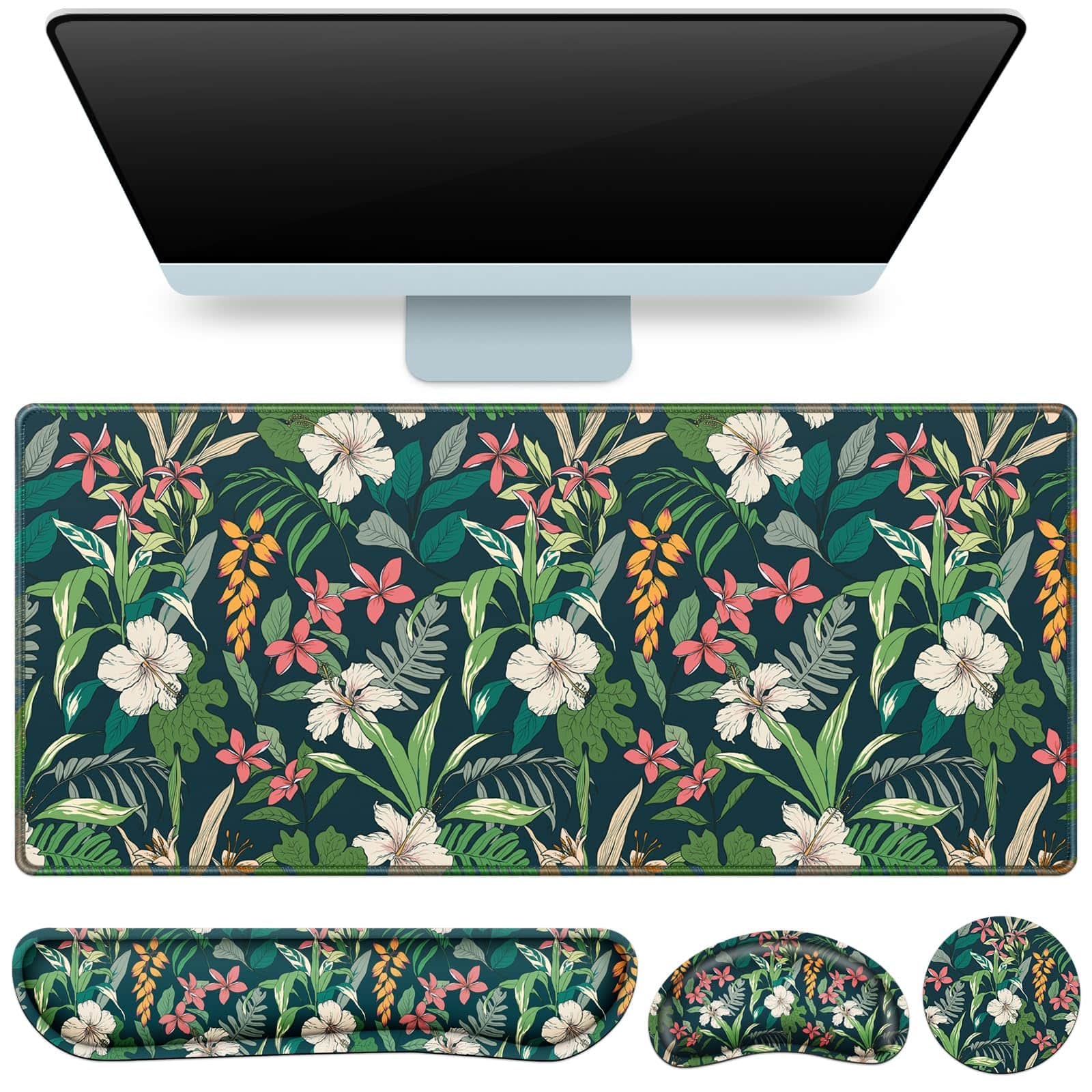 Earthley Blooms - Desk Mat Large Gaming Mouse Pad With Wrist Rest 4in1 Xxl Mousepadkeyboard Restmouse Supportcup Coaster Set - Colorful Flowers