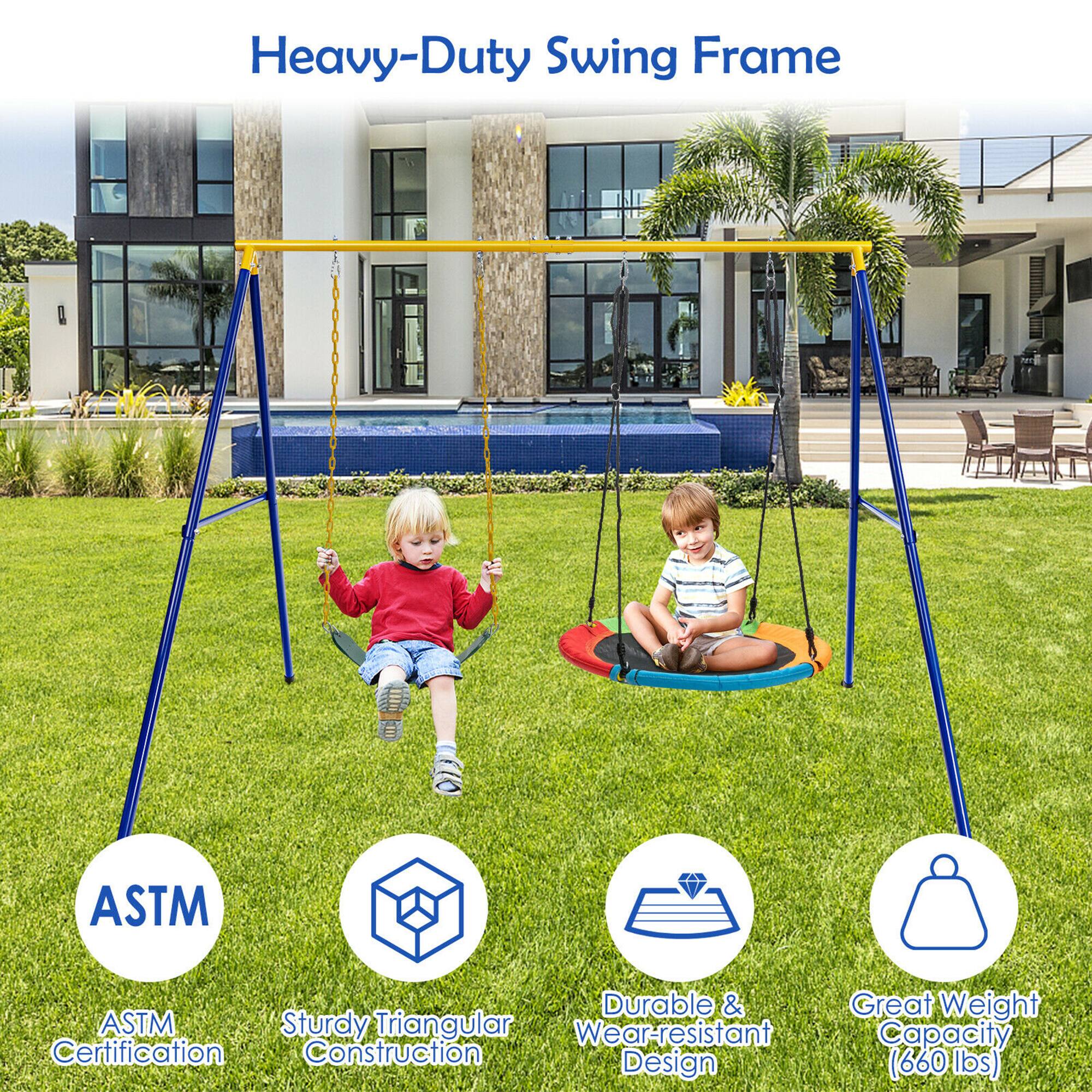 Heavy-Duty Swing Frame

ASTM Certification

Sturdy Triangular Construction

Durable & Wear-resistant Design

Great Weight Capacity (660 lbs)