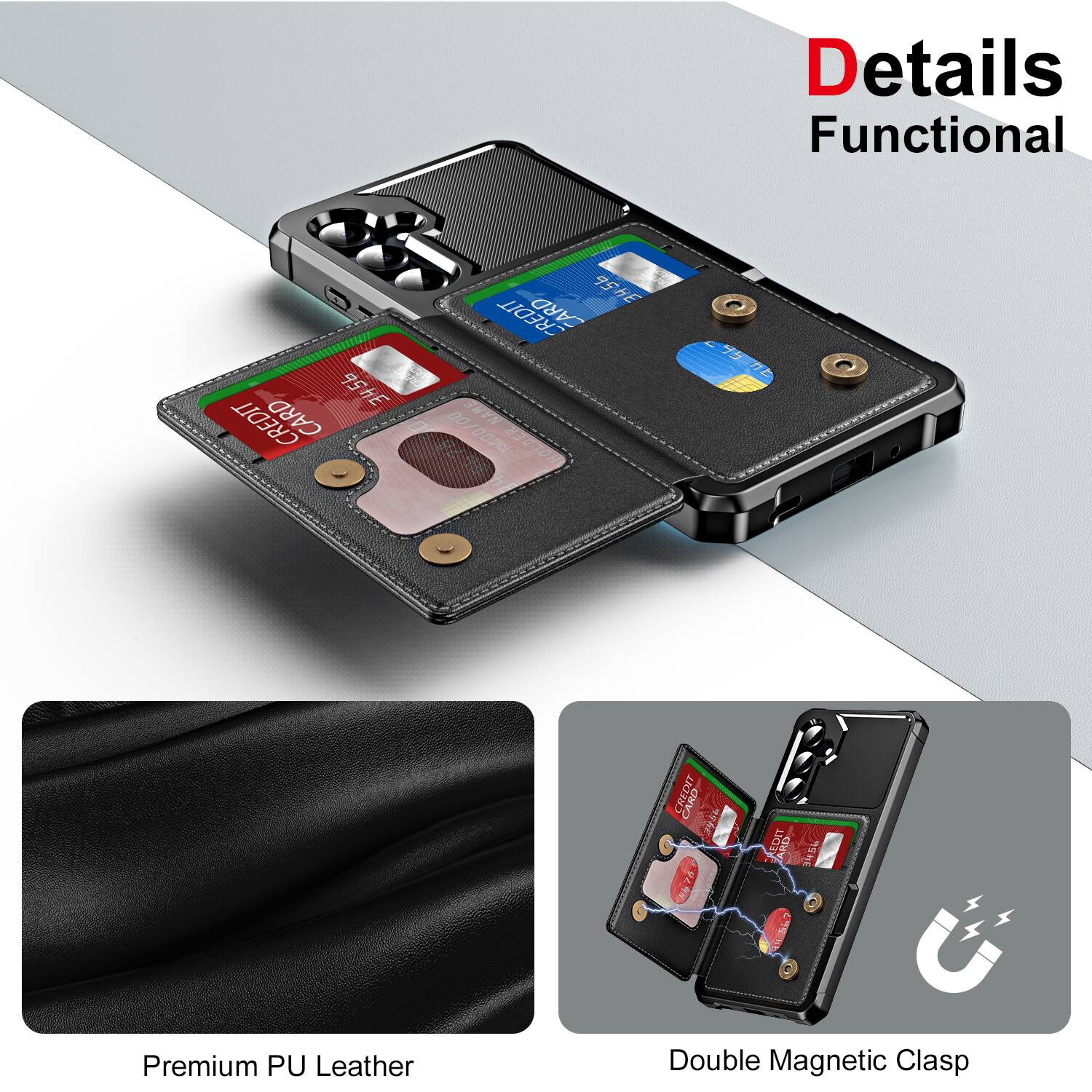 Details Functional

3456 CREDIT CARD
CARD 95HE CREDIT 00/00 NAME HOLDER
295 he 95 
CREDIT 
REDIT ARD 
7848

Premium PU Leather
Double Magnetic Clasp