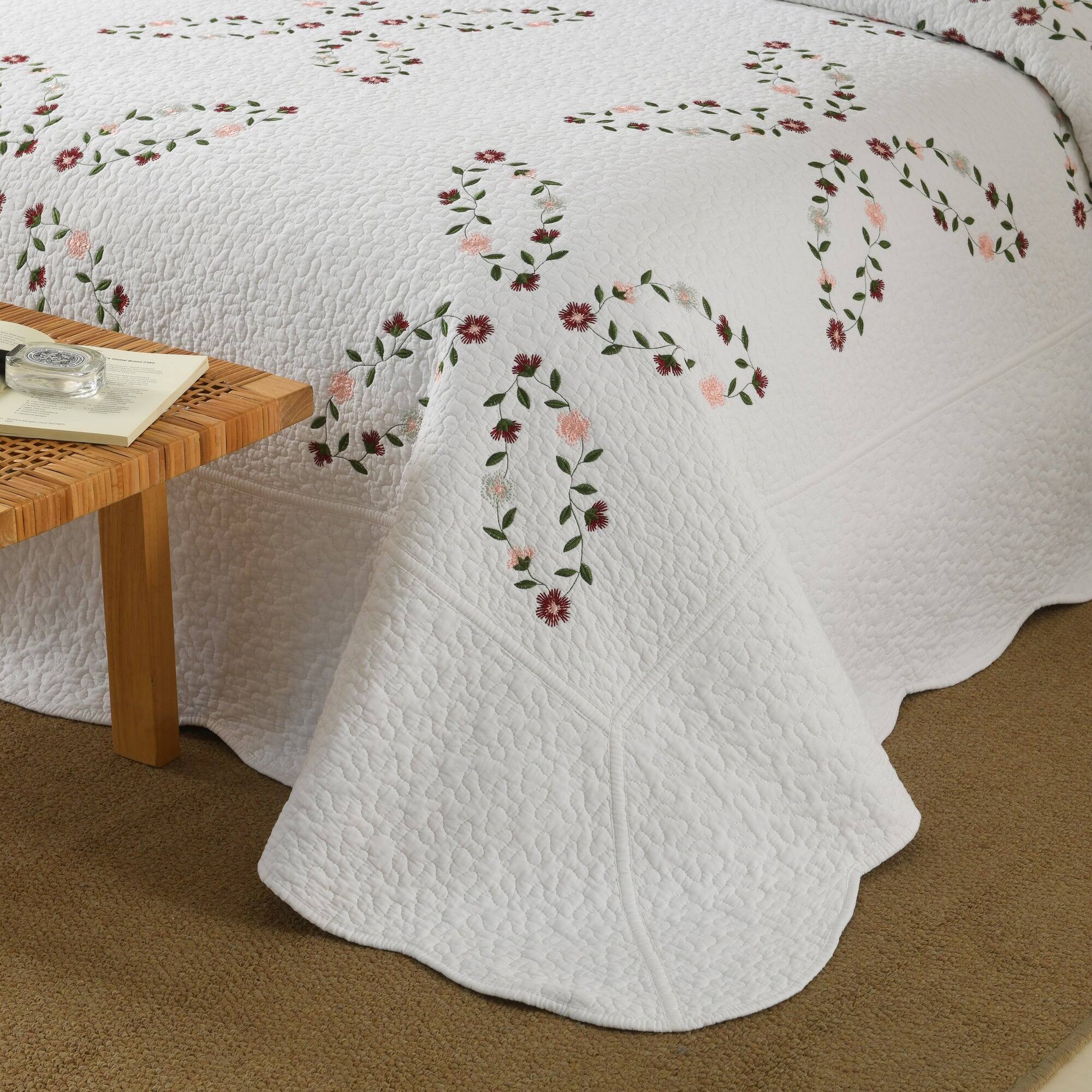 Back. MarCielo - MarCielo 3 Piece 100% Cotton Floral Vine Embroidered Cottage Quilt Bedspread Set - White.