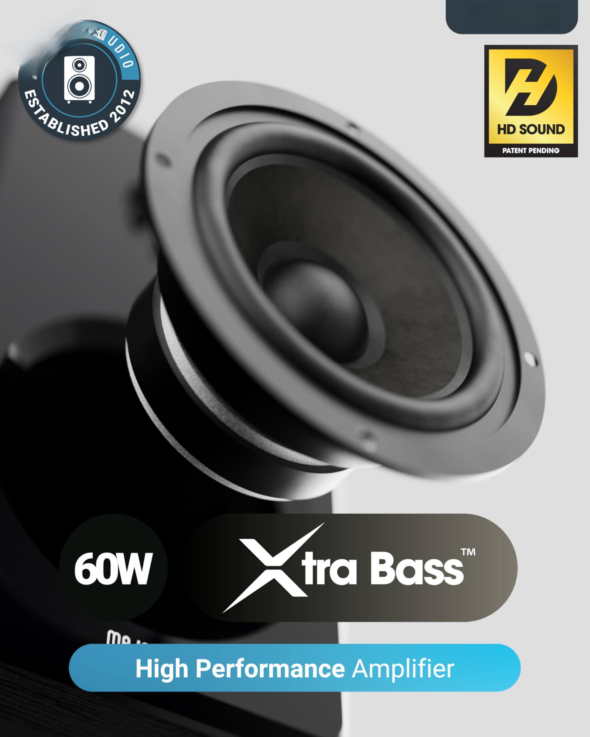 Sure, here is the corrected and grouped text from the image:

---

**Xtra Bass™**

**60W**

**High Performance Amplifier**

**HD SOUND**  
**PATENT PENDING**

**ESTABLISHED 2012**

---

This text is organized to reflect the branding and features of the product.