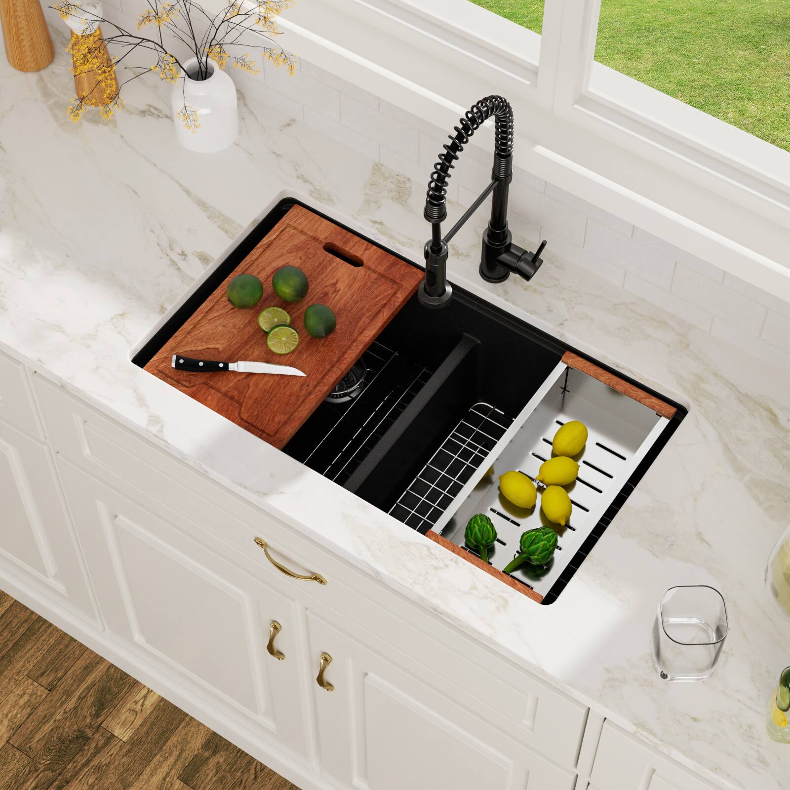 Angle. Lordear - 33x19x10 Inch Black Granite Composite Undermount kitchen Sink 50/50 Double Bowl Quartz Kitchen Sink - Black.