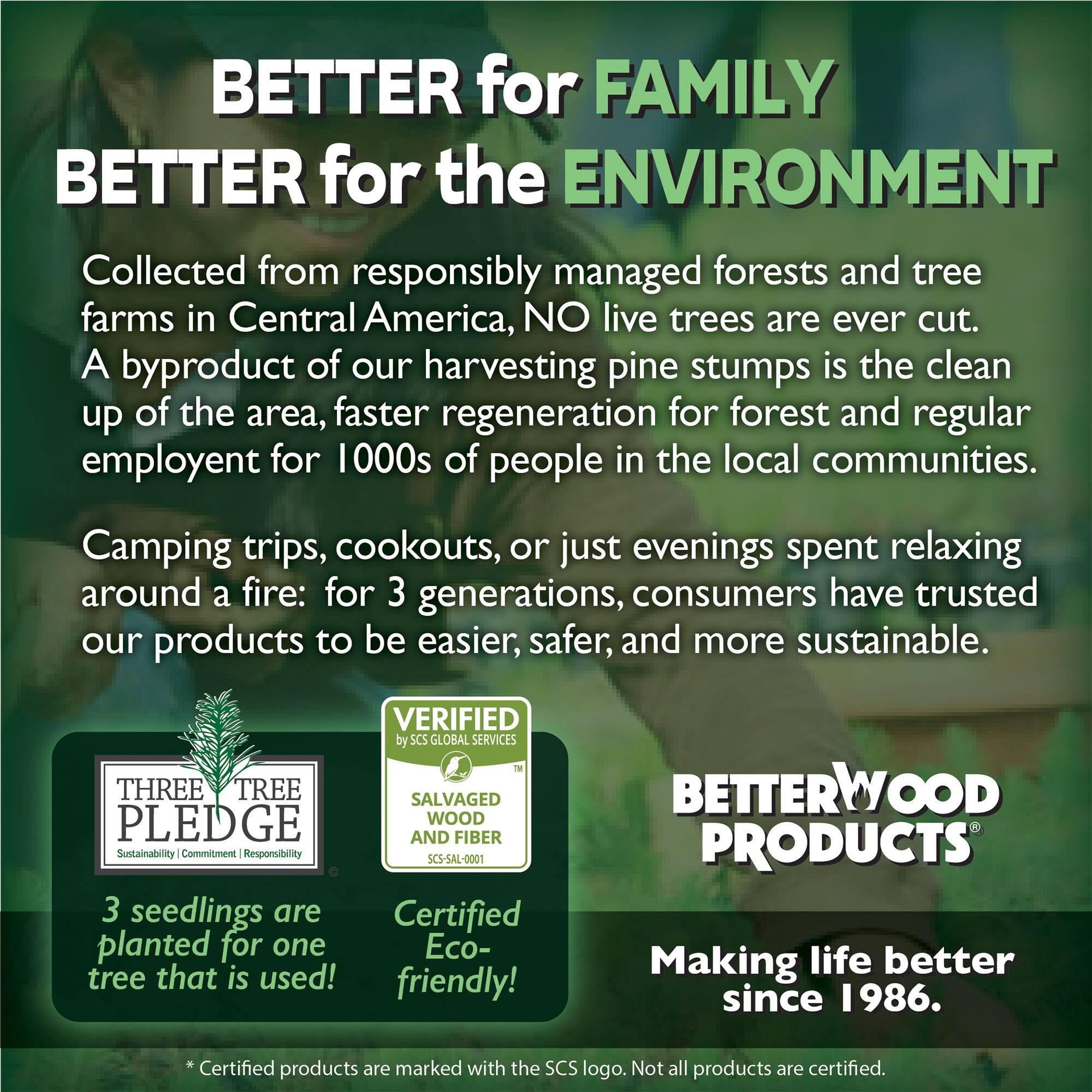 BETTER for FAMILY  
BETTER for the ENVIRONMENT  

Collected from responsibly managed forests and tree farms in Central America, NO live trees are ever cut. A byproduct of our harvesting pine stumps is the clean up of the area, faster regeneration for forest and regular employment for 1000s of people in the local communities. Camping trips, cookouts, or just evenings spent relaxing around a fire: for 3 generations, consumers have trusted our products to be easier, safer, and more sustainable.  

VERIFIED by SCS GLOBAL SERVICES  
THREE TREE SALVAGED PLEDGE  
WOOD AND FIBER  
Sustainability Commitment Responsibility  
SCS-SAL-0001  

3 seedlings are planted for one tree that is used!  
Certified Eco-friendly!  

BETTERWOOD PRODUCTS  
Making life better since 1986.  

*Certified products are marked with the SCS logo. Not all products are certified.