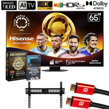 Sure, here is the corrected and grouped text from the image:
---
**MiniLED ULED AI TV**
**4K ULTRAHD**
**HDRi+ ADAPTIVE**
**Dolby ATMOS**
**65"**
**CLUB WORLD CUP 25**
**FIFA**
**Hisense OFFICIAL PARTNER**
**DECOGEAR CPS BUNDLE**
**26 MONTH PREMIUM PROTECTION**
**EXCLUSIVE DECOGEAR HDMI CABLES**
**2 PLAN PREMIUM PROTECTION**
**Mini LED PRO**
**AI Hi-View Engine PRO**
**Native 165Hz Panel**
**TELEVISION HOME THEATER ESSENTIALS**
**REGENERATE YOUR HOME**
---