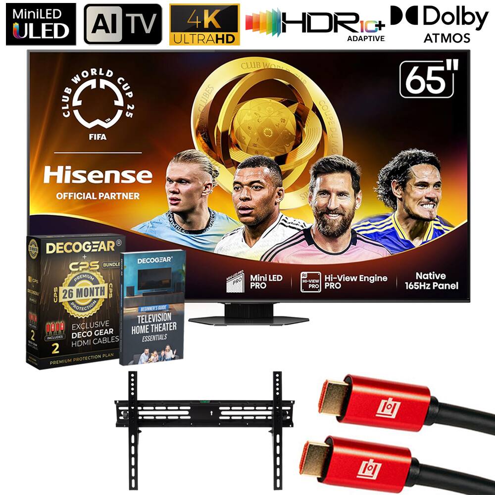 Sure, here is the corrected and grouped text from the image:

---

**MiniLED ULED AI TV**  
**4K ULTRAHD**  
**HDRi+ ADAPTIVE**  
**Dolby ATMOS**  
**65"**  

**CLUB WORLD CUP 25**  
**FIFA**  
**Hisense OFFICIAL PARTNER**  

**DECOGEAR CPS BUNDLE**  
**26 MONTH PREMIUM PROTECTION**  
**EXCLUSIVE DECOGEAR HDMI CABLES**  
**2 PLAN PREMIUM PROTECTION**  

**Mini LED PRO**  
**AI Hi-View Engine PRO**  
**Native 165Hz Panel**  

**TELEVISION HOME THEATER ESSENTIALS**  
**REGENERATE YOUR HOME**  

---