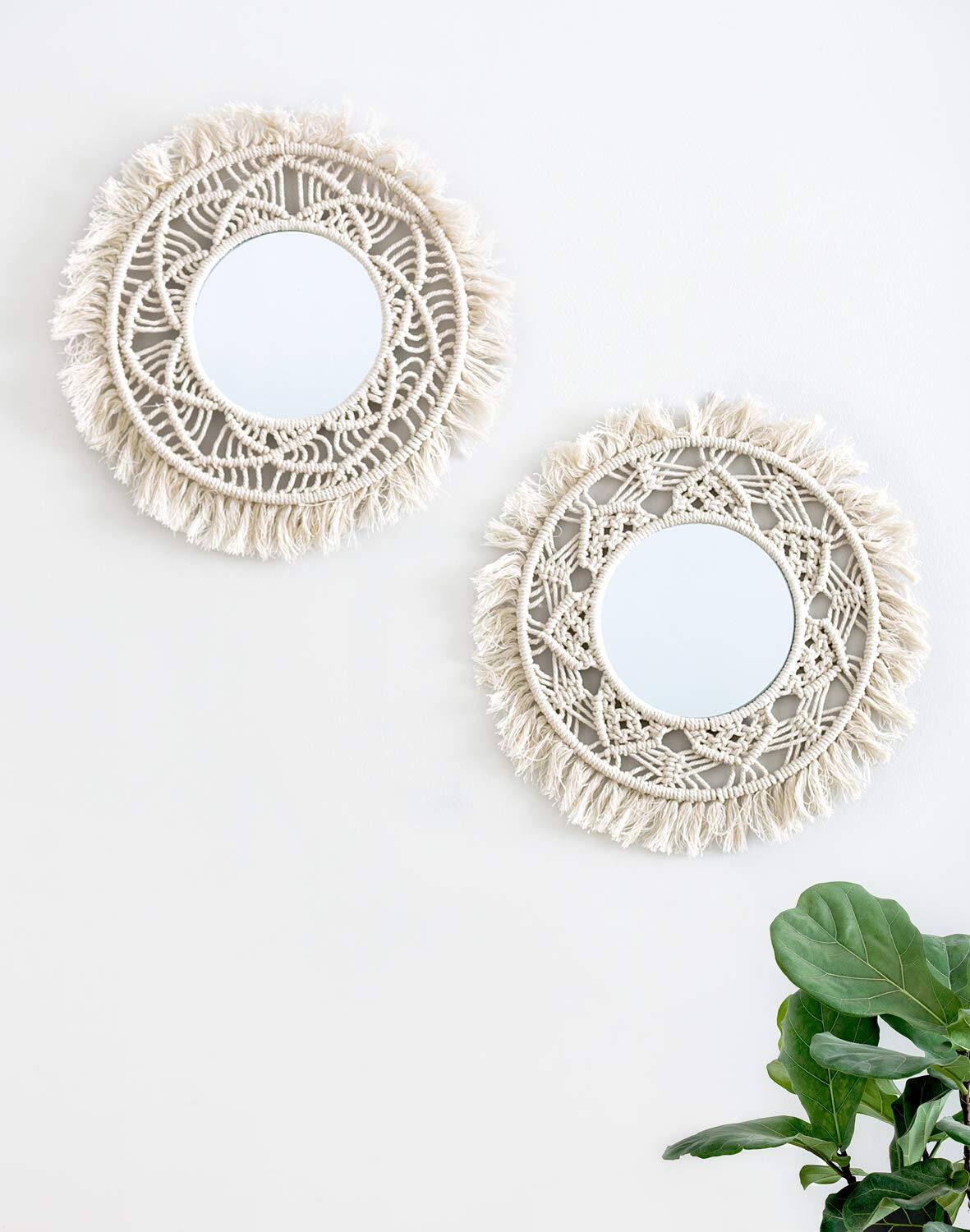 Alt View 1. PO3TICJUNKI3 - Hanging Wall Mirror With Macrame Fringe Set Decoration Boho Antique For Apartment - Default.
