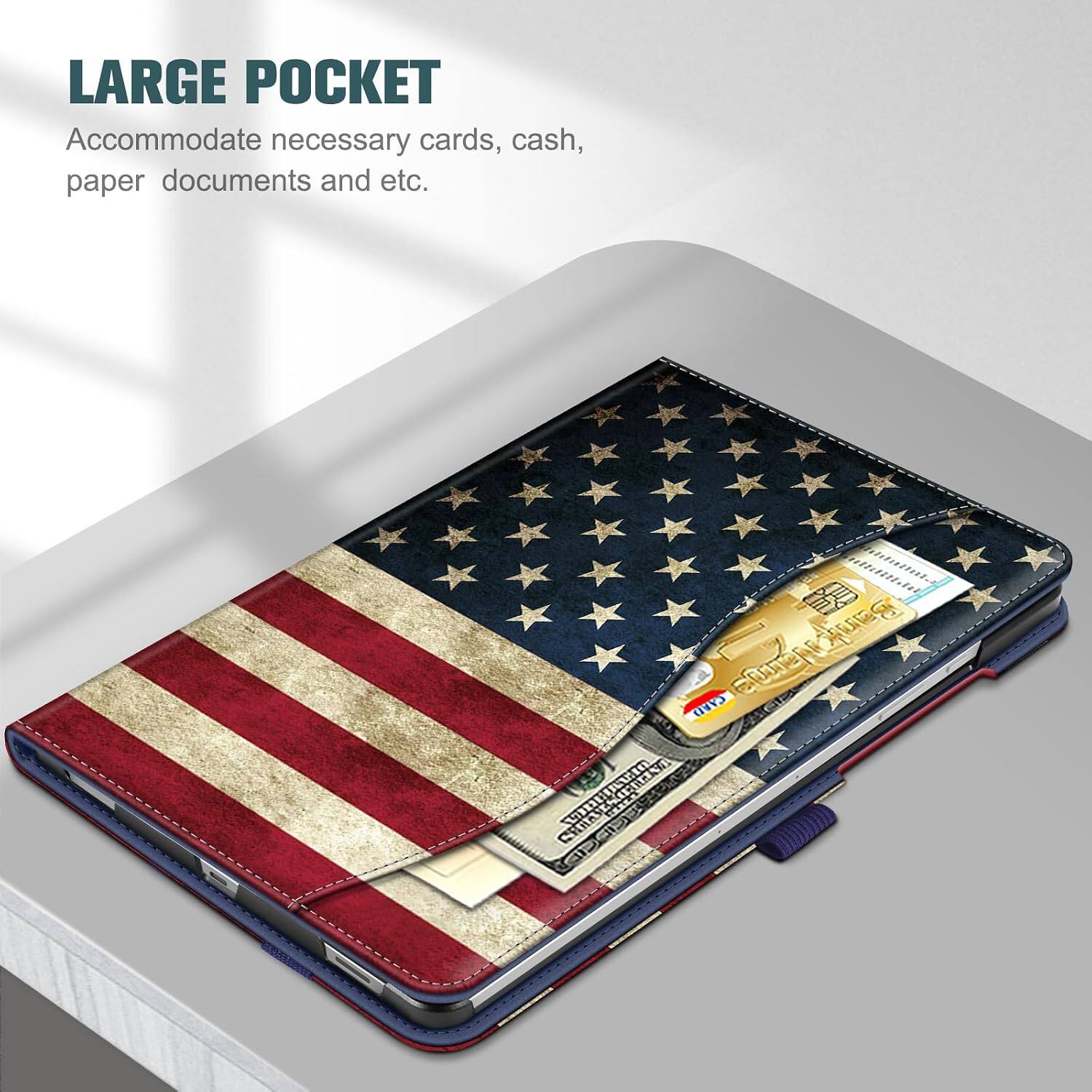 LARGE POCKET  
Accommodate necessary cards, cash, paper documents and etc.