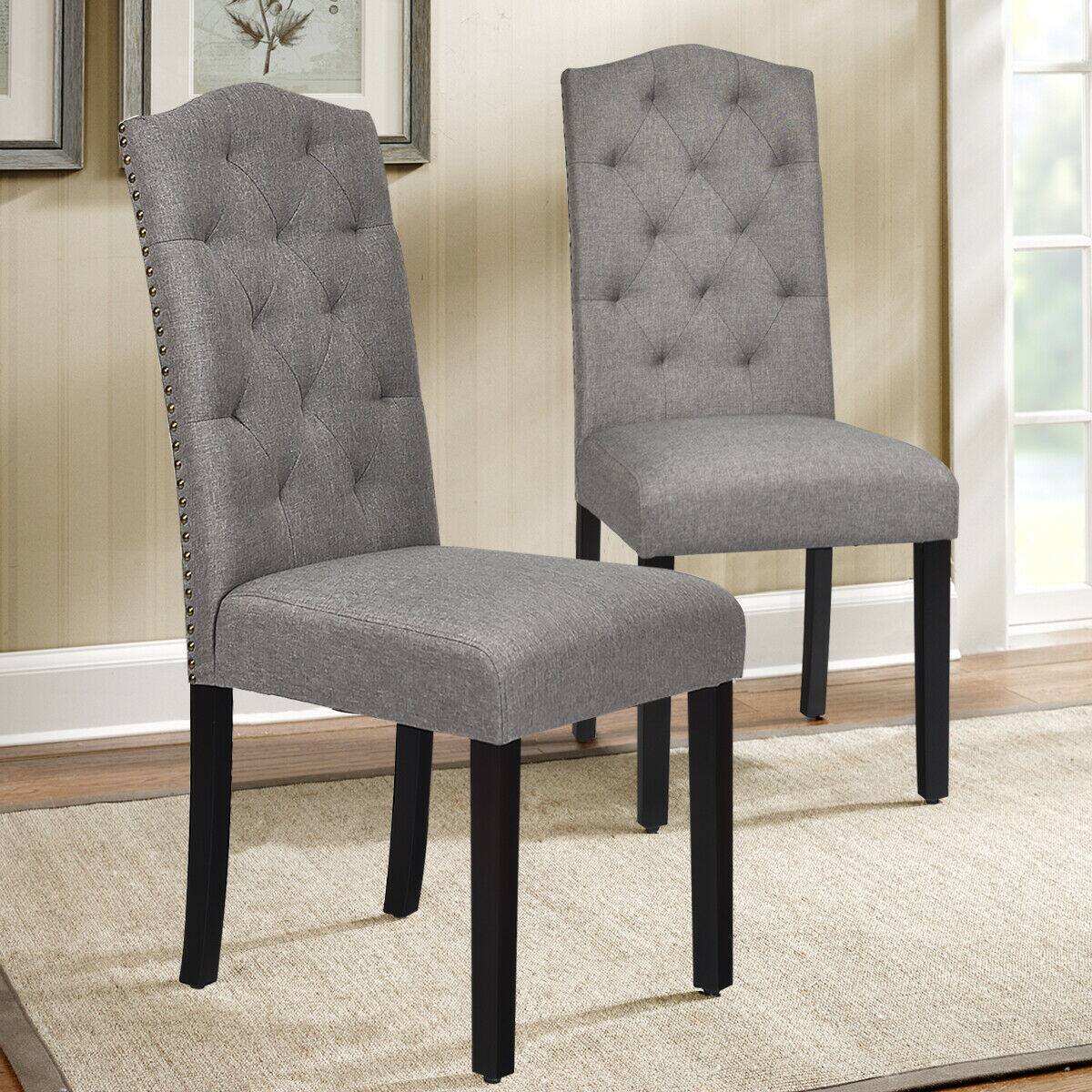 Alt View 4. Gymax - Gymax Set of 2 Tufted Dining Chair Upholstered w/ Nailhead Trim & Rubber Wooden Legs - Grey.