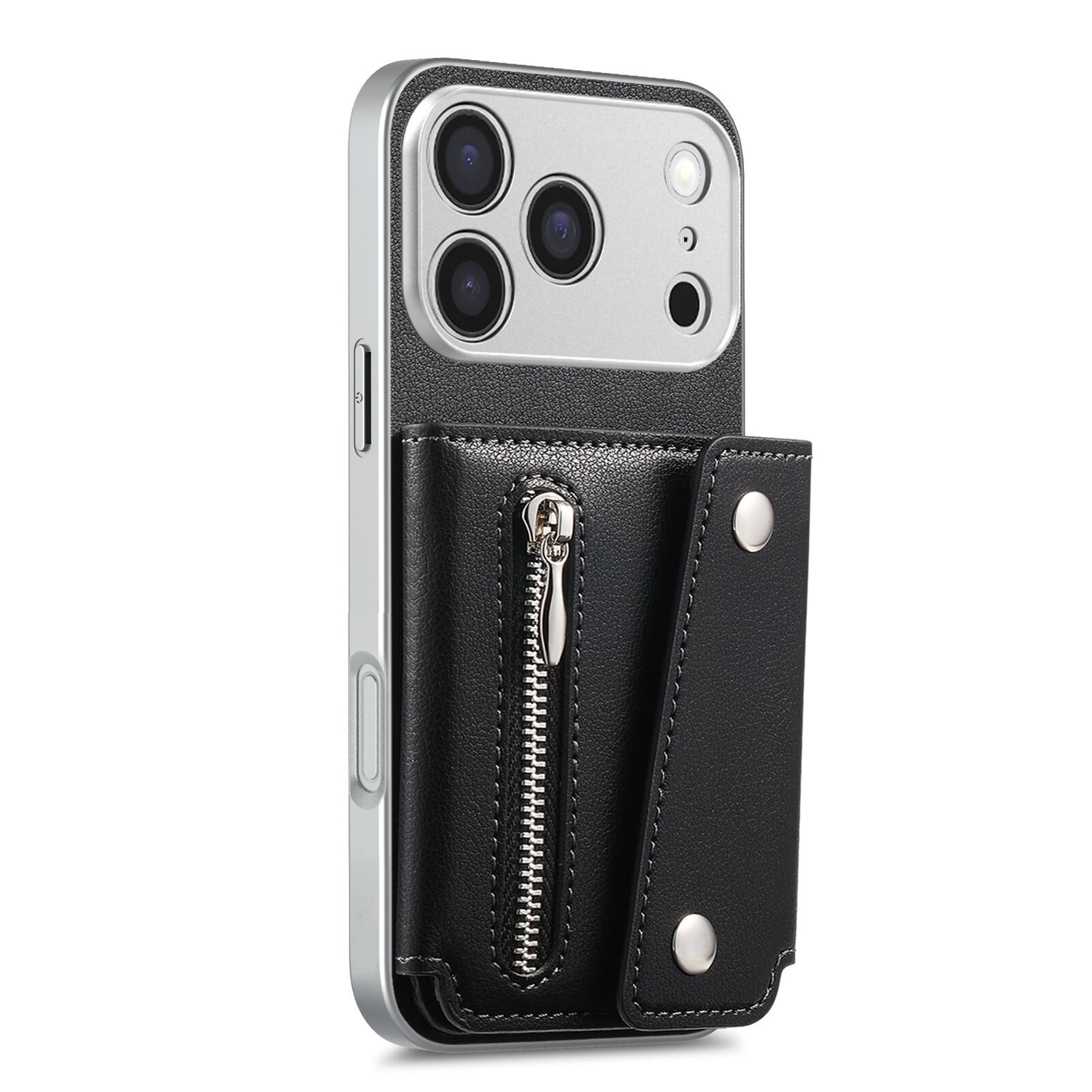 Angle. Dteck - PU Leather Wallet Case for Apple iPhone 17 Pro Max, Shockproof Kickstand Phone Cover with Card Slots and Zipper Pocket - Black.