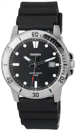 Casio watch that is water resistant and has a black face. The watch has a black band and is made in Japan. The time on the watch is 10:20.