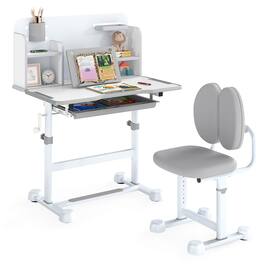 Costway - Kid's Study Desk & Chair Set with Tilt Desktop, Pen Holder & Tray, Reading Stand - Gray