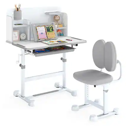 Front. Costway - Costway Kid's Study Desk & Chair Set with Tilt Desktop, Pen Holder & Tray, Reading Stand - Gray.