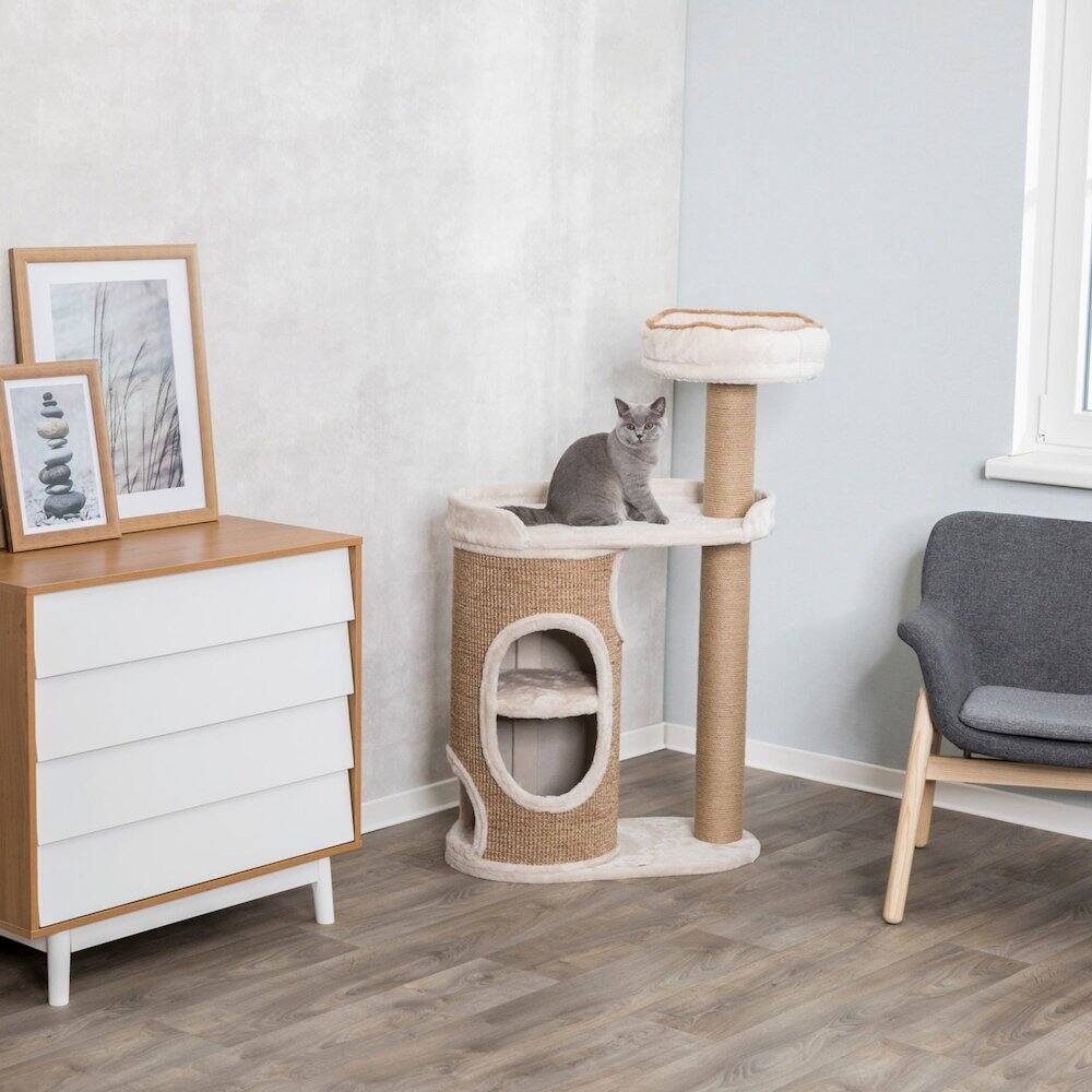 Angle. TRIXIE - Falco Plush & Sisal 2-Level 46" Cat Tree, Scratching Posts & 2-Story Condo - Light Gray-Greige.