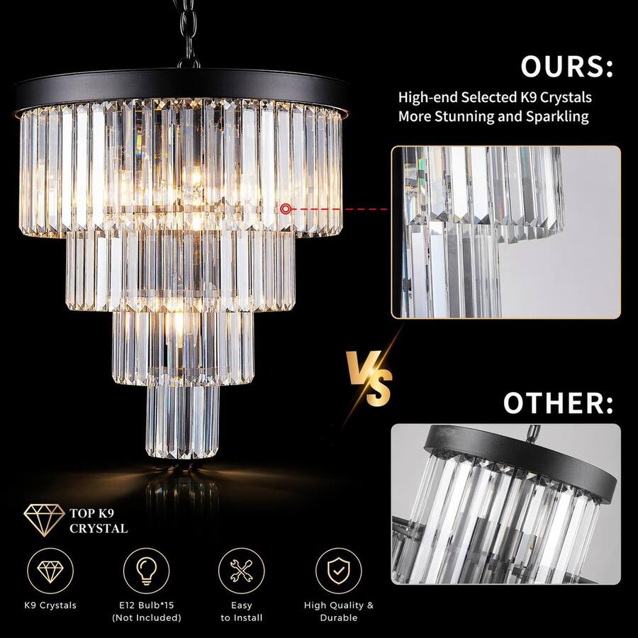 RYHNUYNE 24 Inch Black Finish Luxury Crystal Chandelier, 15 Light 5 ...