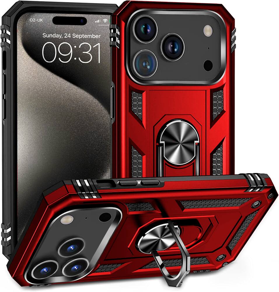 Entronix - Dual-Layer Case for iPhone 17 Pro with Built-in Kickstand and Enhanced Protection - Red