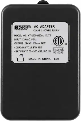 HQRPO AC ADAPTER CLASS 2 POWER SUPPLY MODEL NO: XY-24000830AU DJYB
INPUT: 120VAC 60Hz
OUTPUT: 24VAC 830mA 20W
CONFORMS TO UL STD. 1310
CERTIFIED TO CSA STD. C22.2 NO.223
MADE IN CHINA
2402