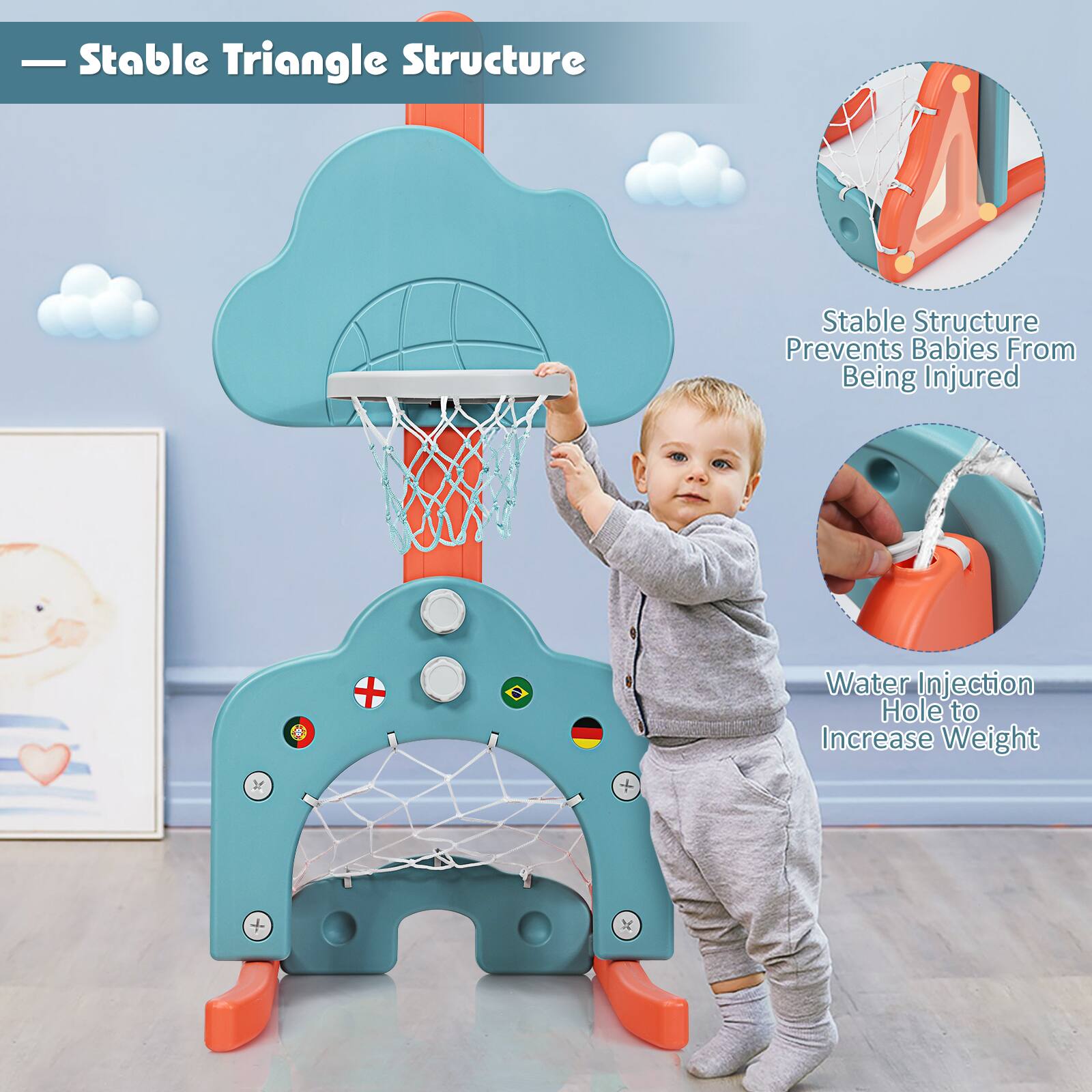 Stable Triangle Structure, Stable Structure Prevents Babies From Being Injured, Water Injection Hole to Increase Weight