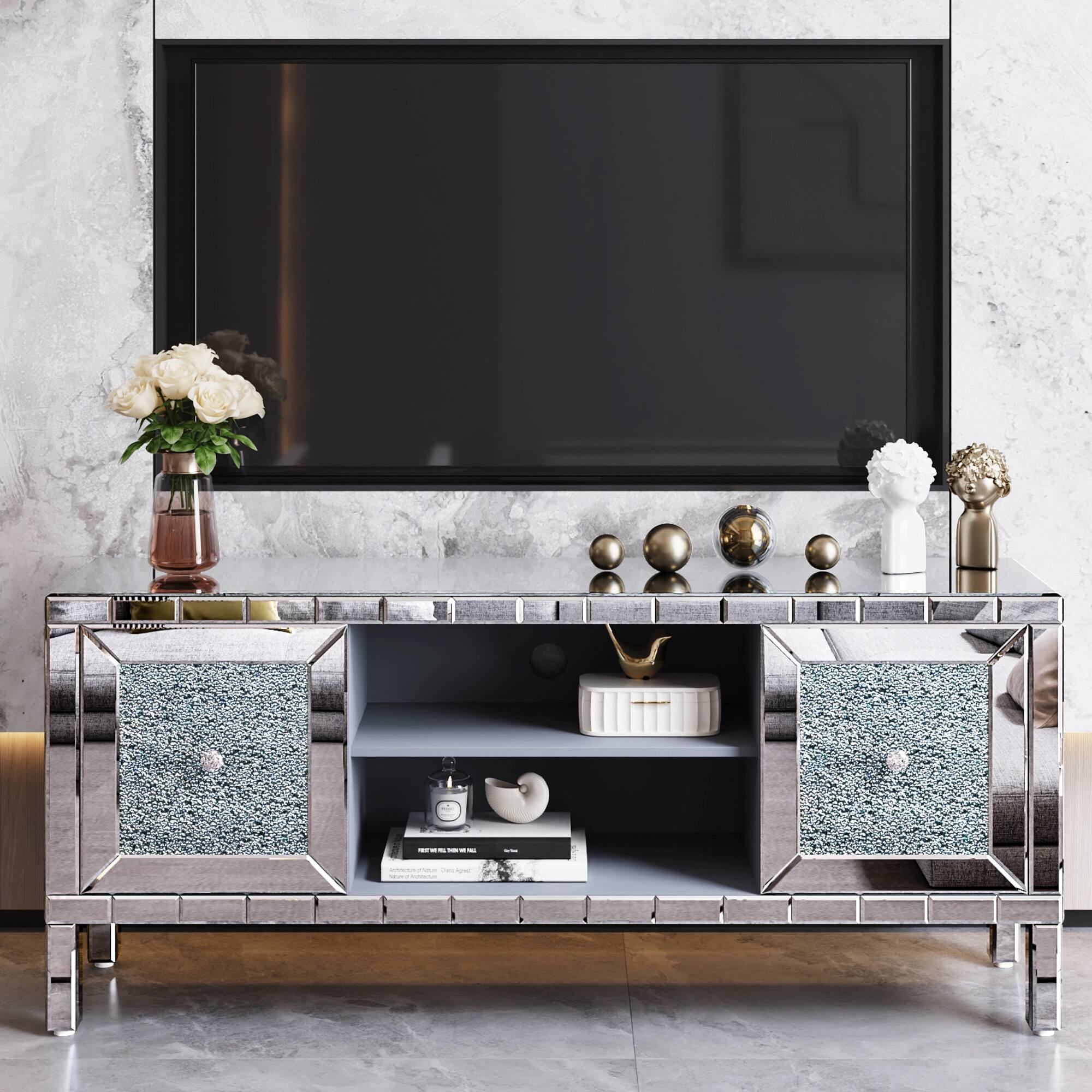 Front. APRILSOUL - 60 Mirrored TV Stand with Crushed Diamond Glass Doors for 65 Inch TV Living Room - Silver.