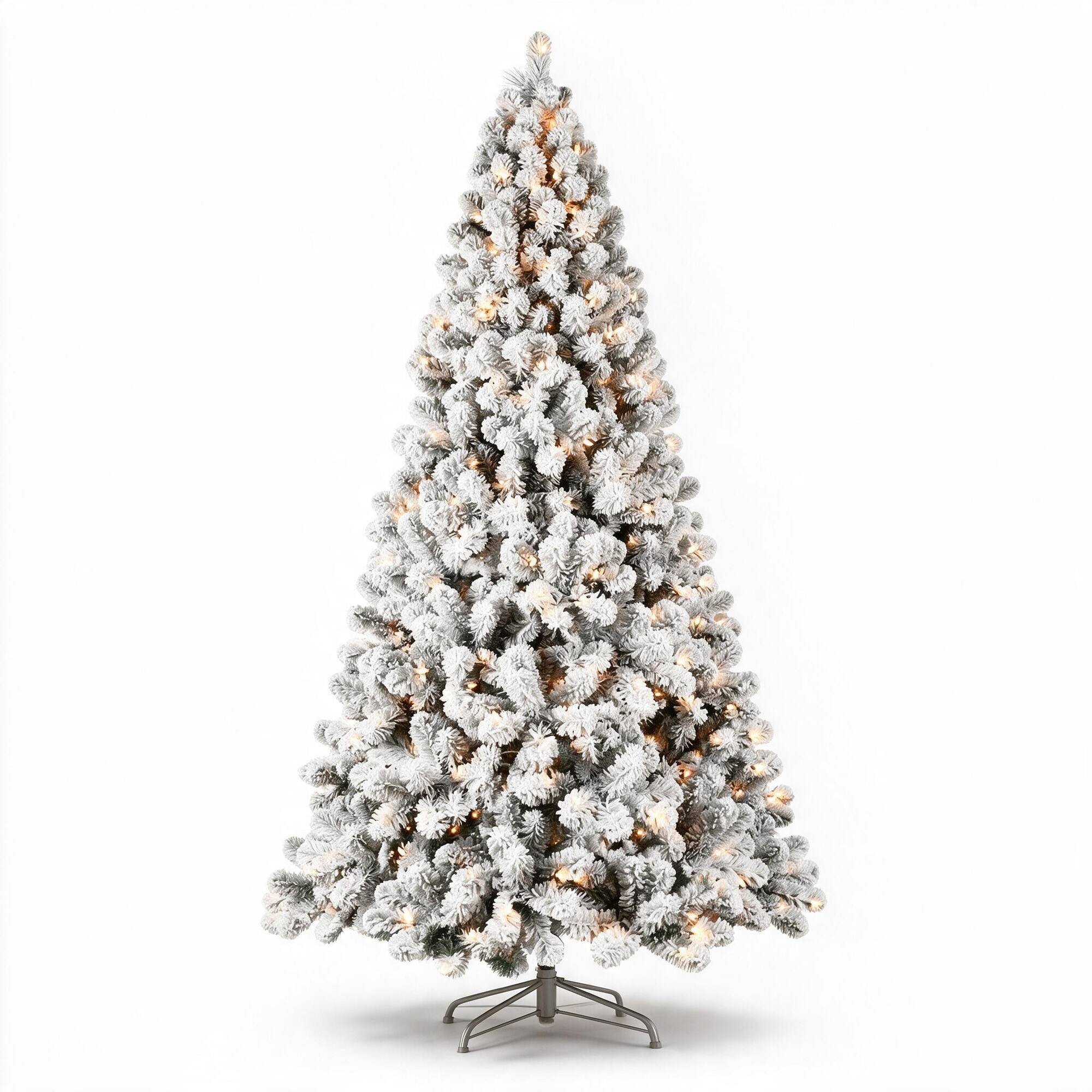 Front. RYHNUYNE - 9FT Flocked Pre-Lit Christmas Tree, 650 Warm White Lights 1930 PVC Tips Auto-Unfold Memory Wire Easy Setup Metal Stand - Green,White.