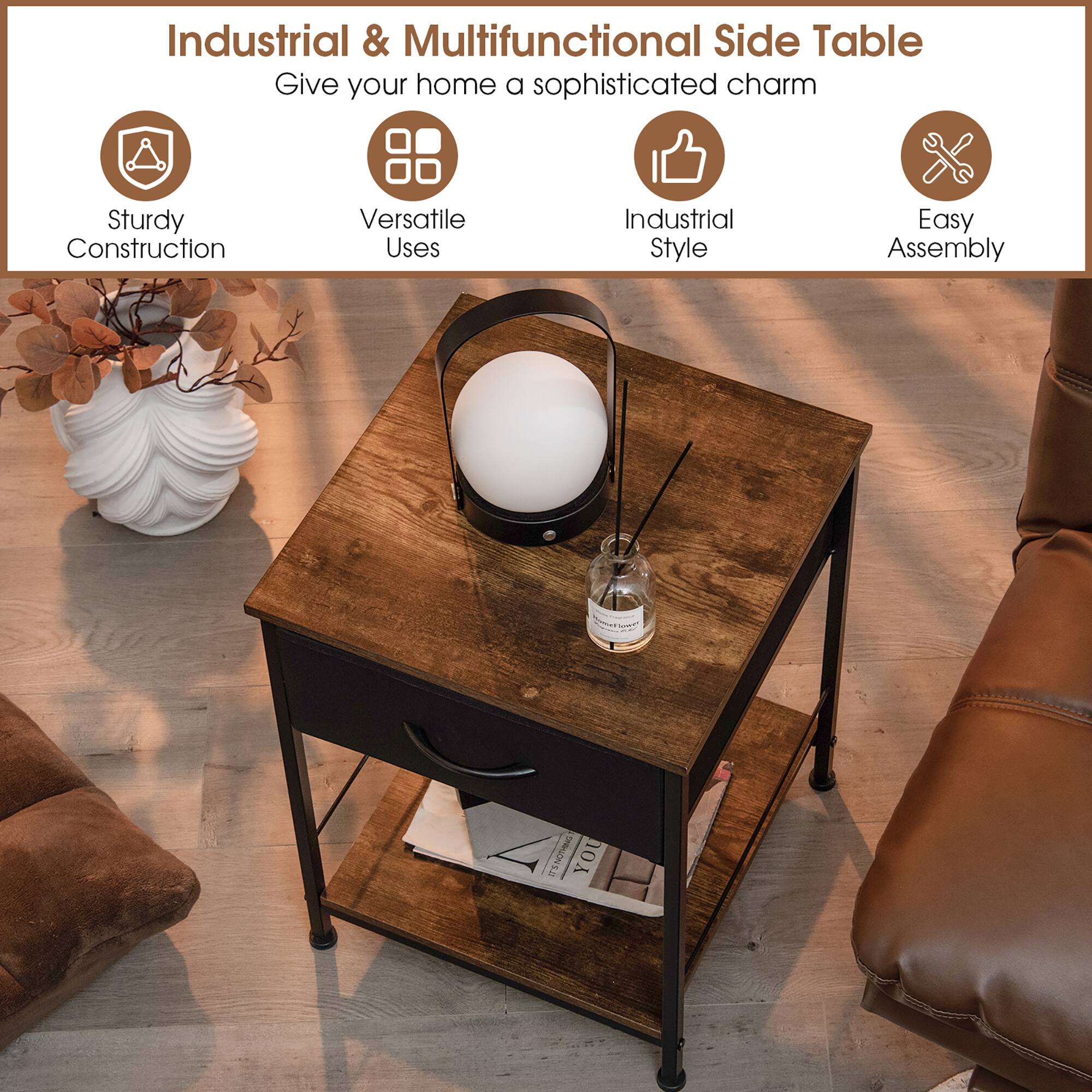 Industrial & Multifunctional Side Table: Give your home a sophisticated charm with this sturdy construction table that offers versatile uses and an industrial style. Easy assembly ensures that you can quickly set up this table in your living space.