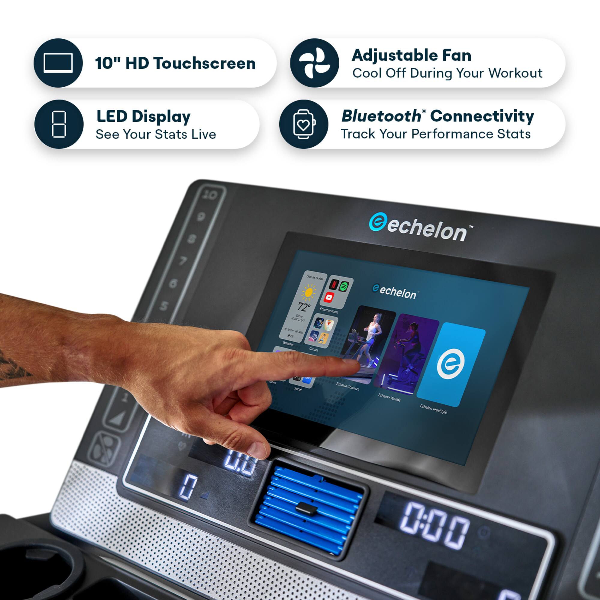 10" HD Touchscreen Adjustable Fan Cool Off During Your Workout LED Display See Your Stats Live Bluetooth Connectivity Track Your Performance Stats 10 9 8 7 6 5 @echelon - - a echelon 72" - - . - 8 - - 1 - - - - camar e aau - Wtazz Peefitle 000 A
