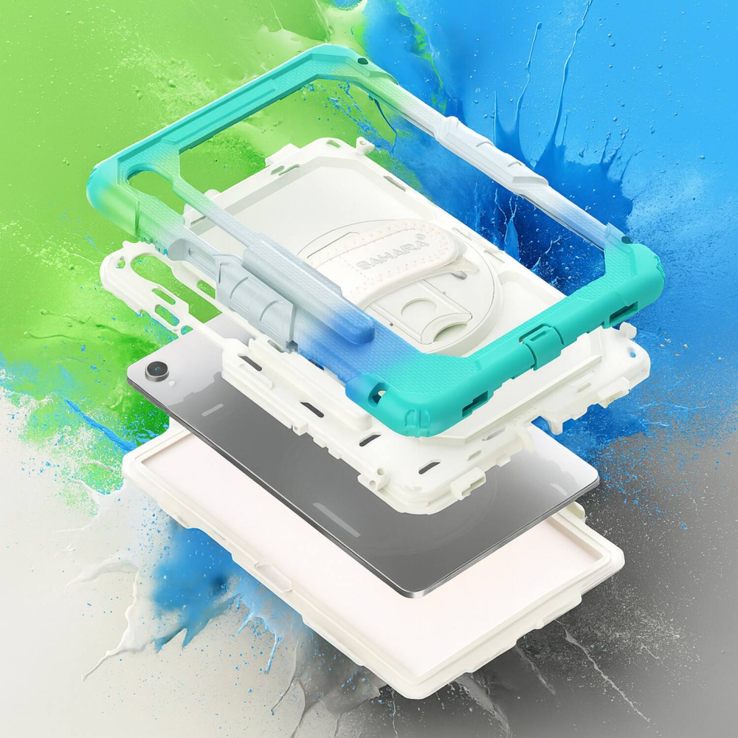 Angle. SaharaCase - Samsung Galaxy Tab S11 Case | Kid Proof Heavy Duty | Hand Strap & Shoulder Strap | Raider Series - Splash Blue.