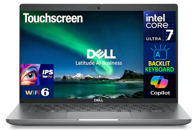 Touchscreen
DELL Latitude AI Business
IPS Super Clear
intel CORE 7 ULTRA
BACKLIT KEYBOARD
WiFi 6
DELL Copilot