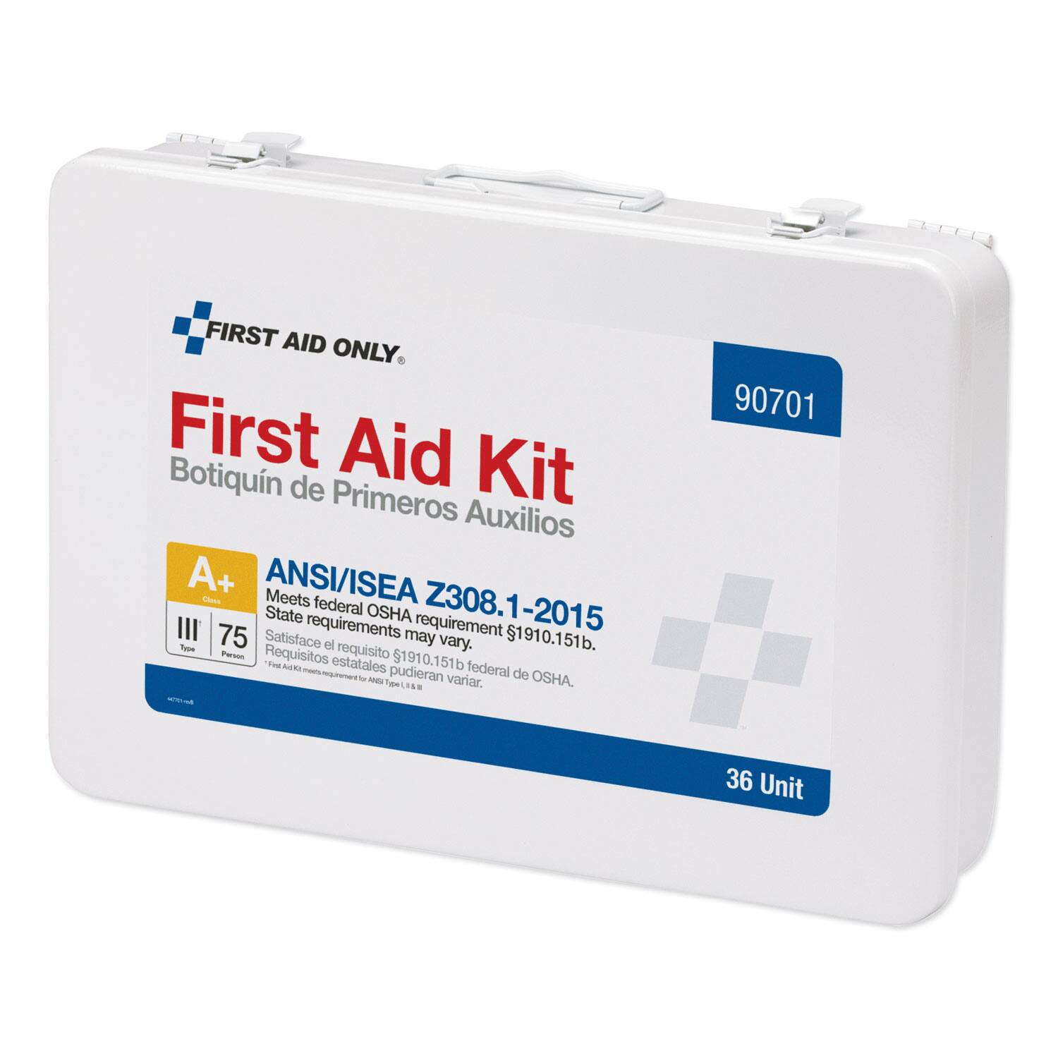 FIRST AID ONLY  
First Aid Kit  
Botiquín de Primeros Auxilios  

A+ ANSI/ISEA Z308.1-2015  
Meets federal OSHA requirement 1910.151b.  
Satisface el requisito federal OSHA 1910.151b.  
State requirements may vary.  
Requisitos estatales pudieran variar.  

90701  
36 Unit