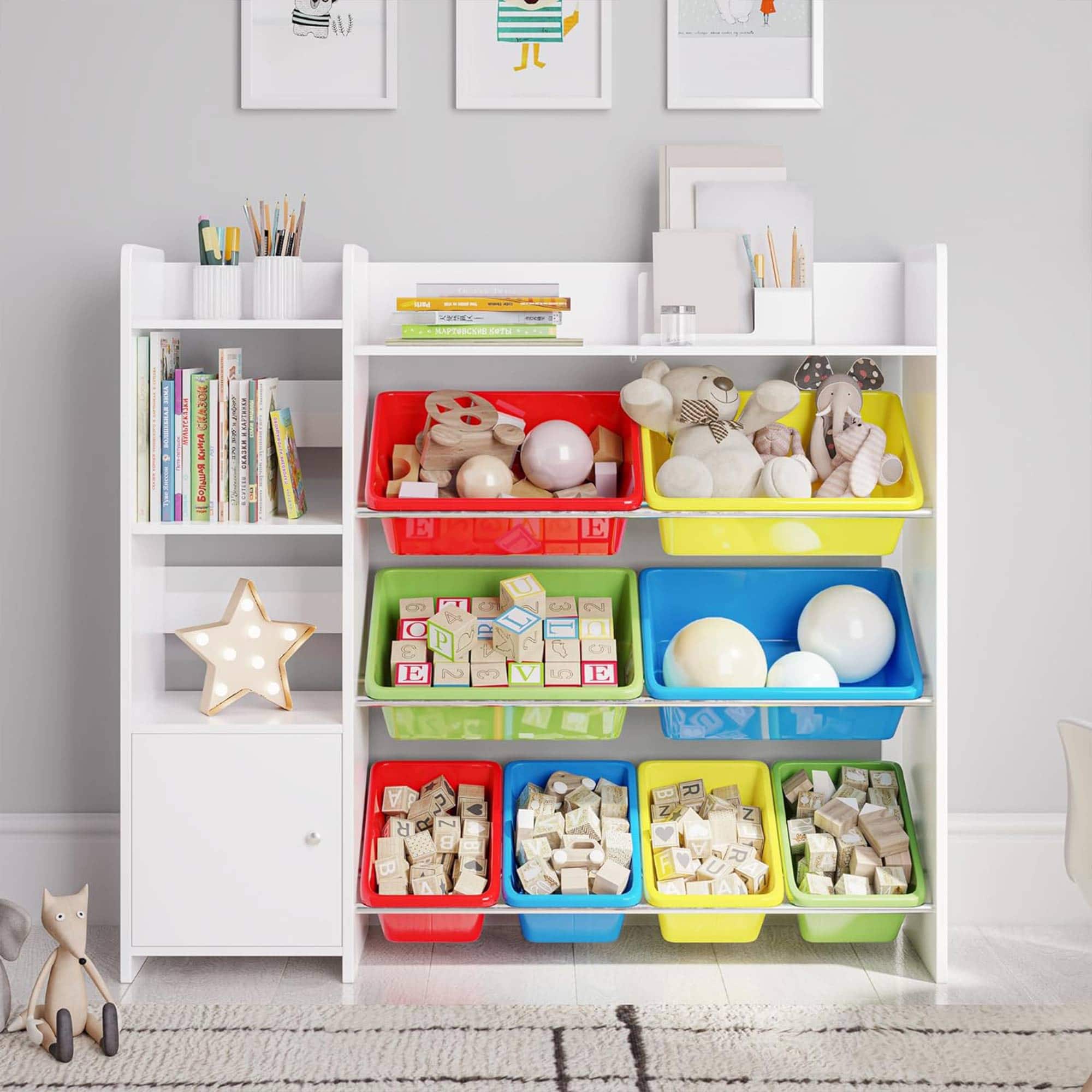 STURDIS - Kids Toy Storage Organizer with Bookshelf, Top Shelf and 8 Colorful Bins - Multicolor